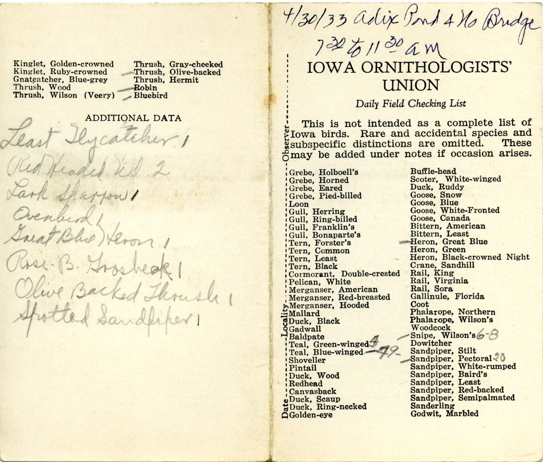 Daily field checking list, Walter Rosene, April 30, 1933