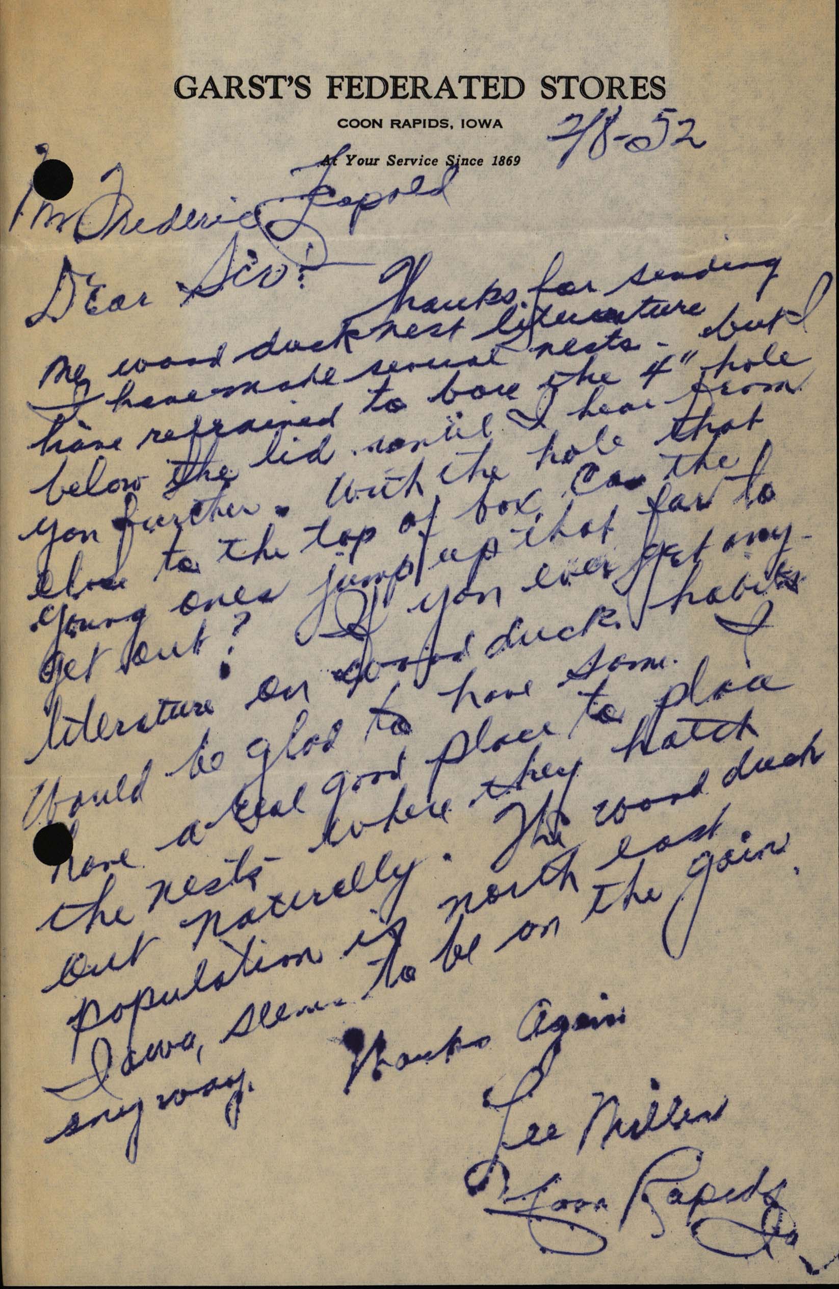 Lee Miller letter to Frederic Leopold regarding Wood Duck houses, February 8, 1952