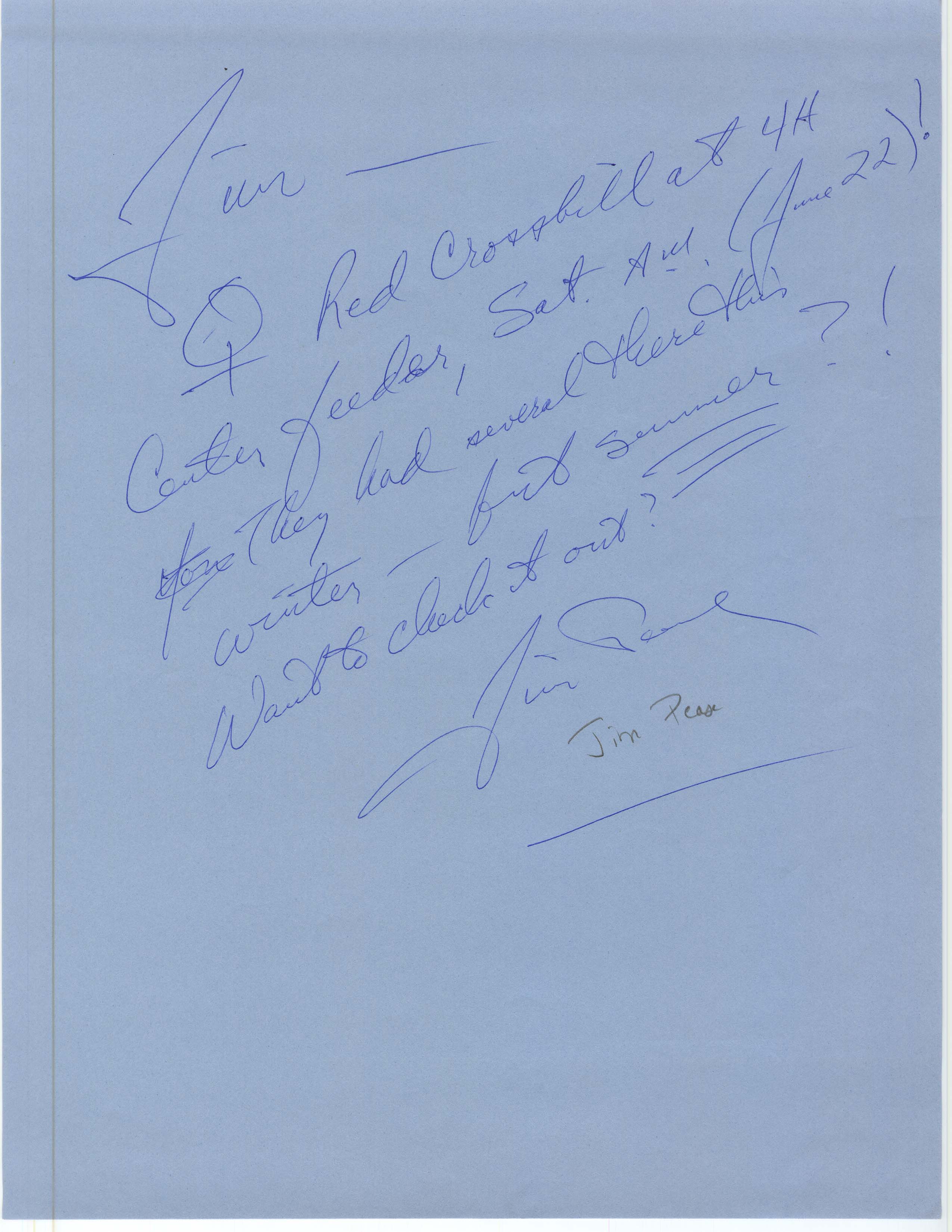 Jim Pease letter to James J. Dinsmore regarding bird sightings, June 22, 1991