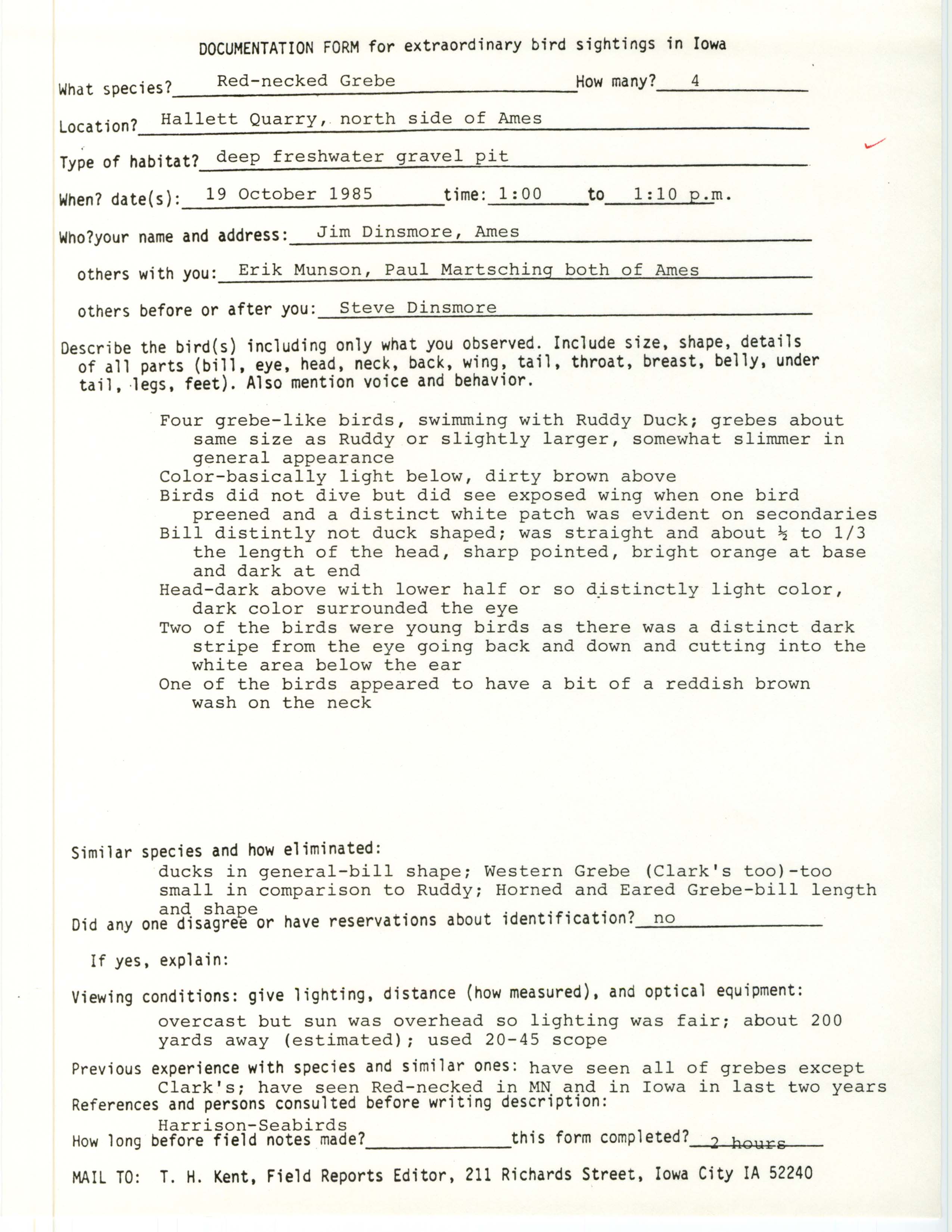 Rare bird documentation form for Red-necked Grebe at Hallett's Quarry at Ames, 1985