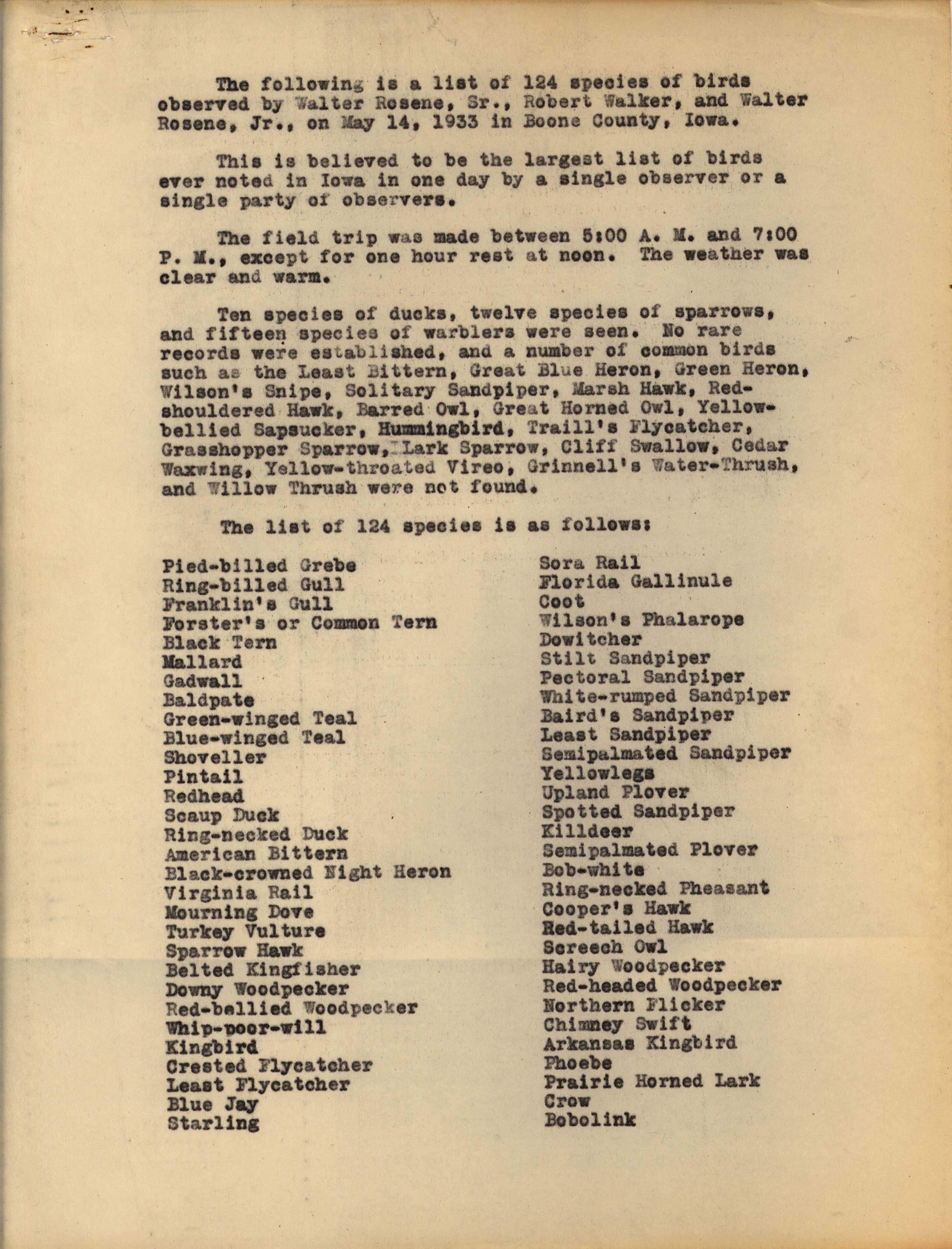 List of bird sighted in Boone County on May 14, 1933