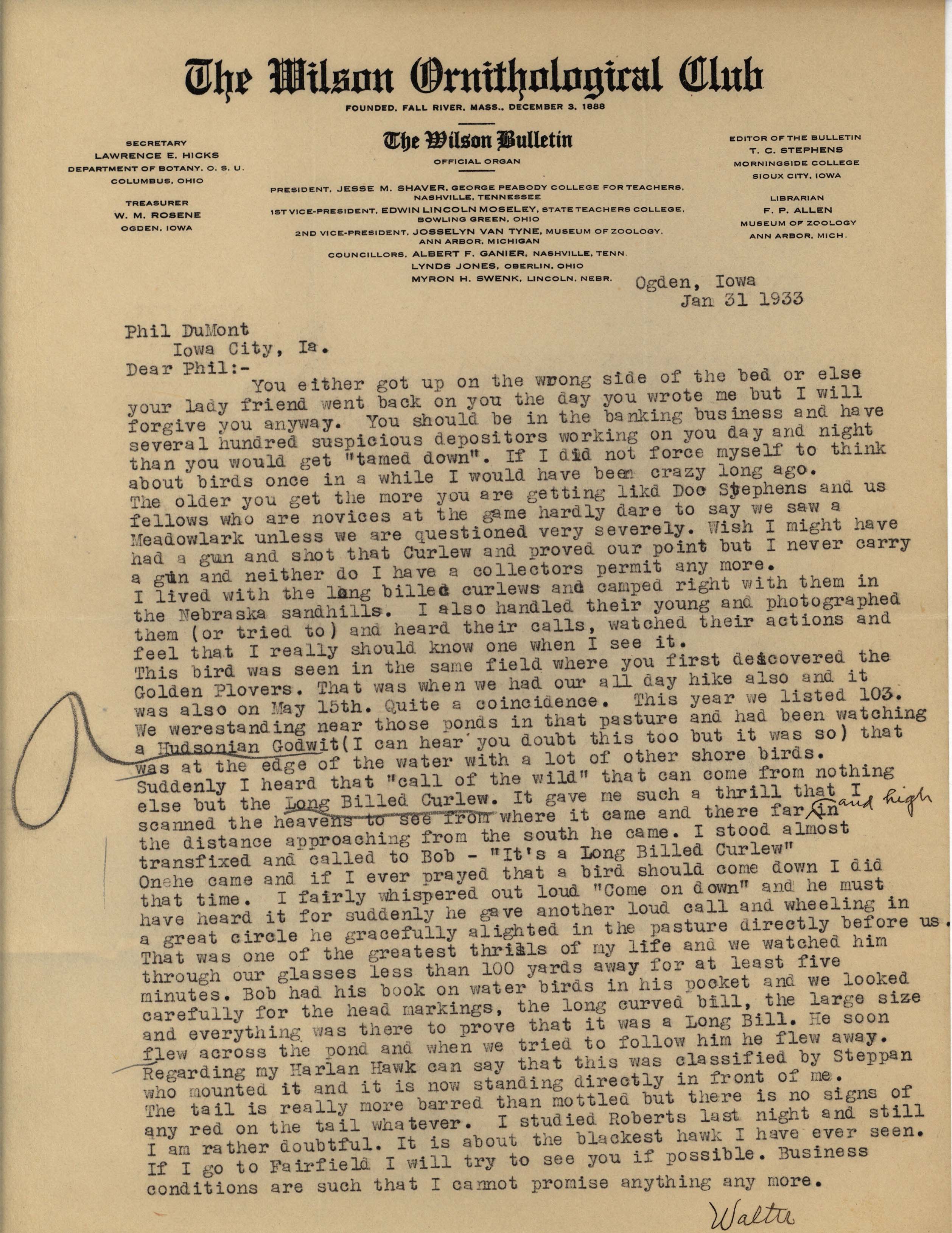Walter Rosene letter to Philip DuMont regarding Long-billed Curlew sighting, January 31, 1933