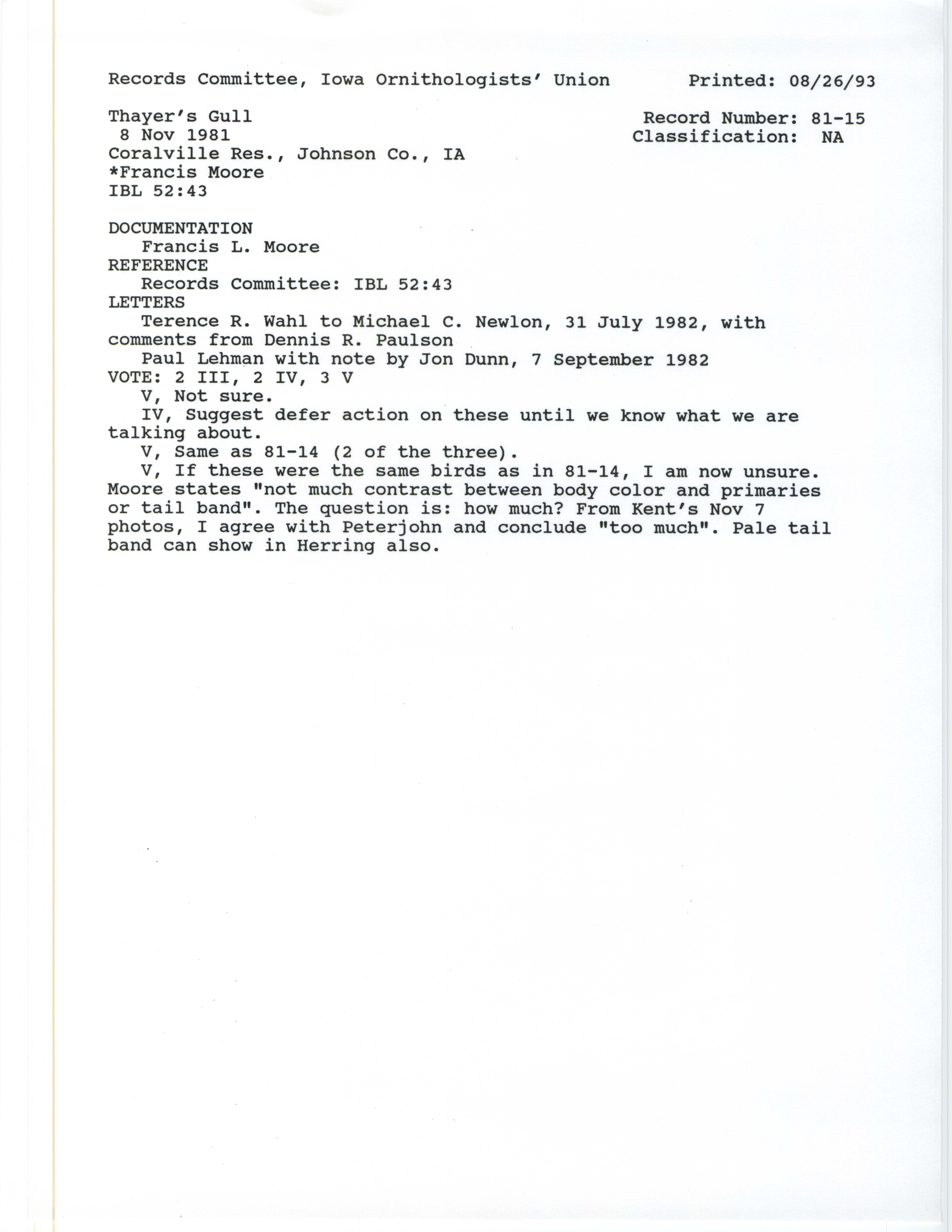 Records Committee review for rare bird sighting of Thayer's Gull at Coralville Dam, 1981