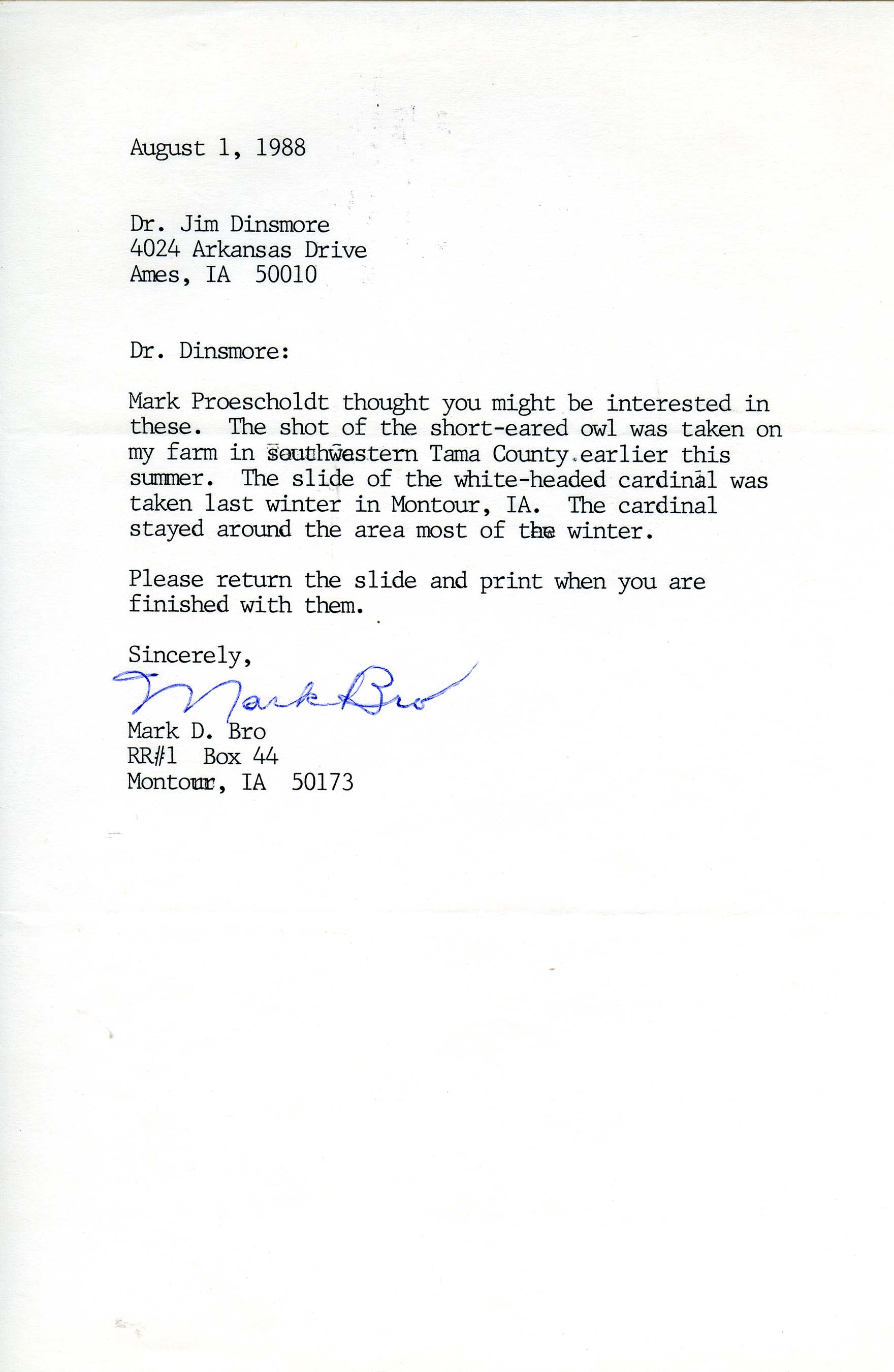 Mark D. Bro letter to James J. Dinsmore regarding photographs of a Short-eared Owl and an unusual Northern Cardinal, August 1, 1988
