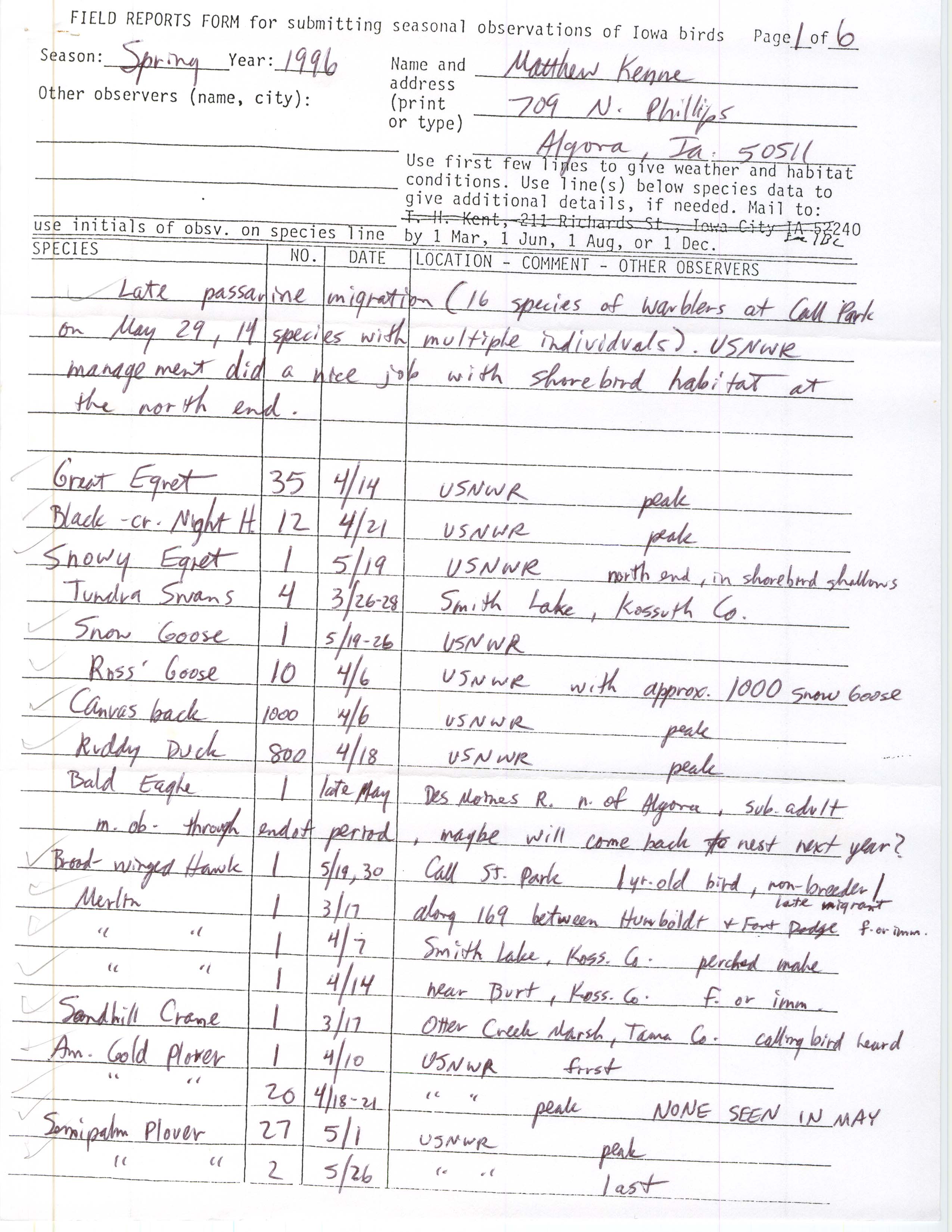 Field reports form for submitting seasonal observations of Iowa birds, Matthew Kenne, spring 1996