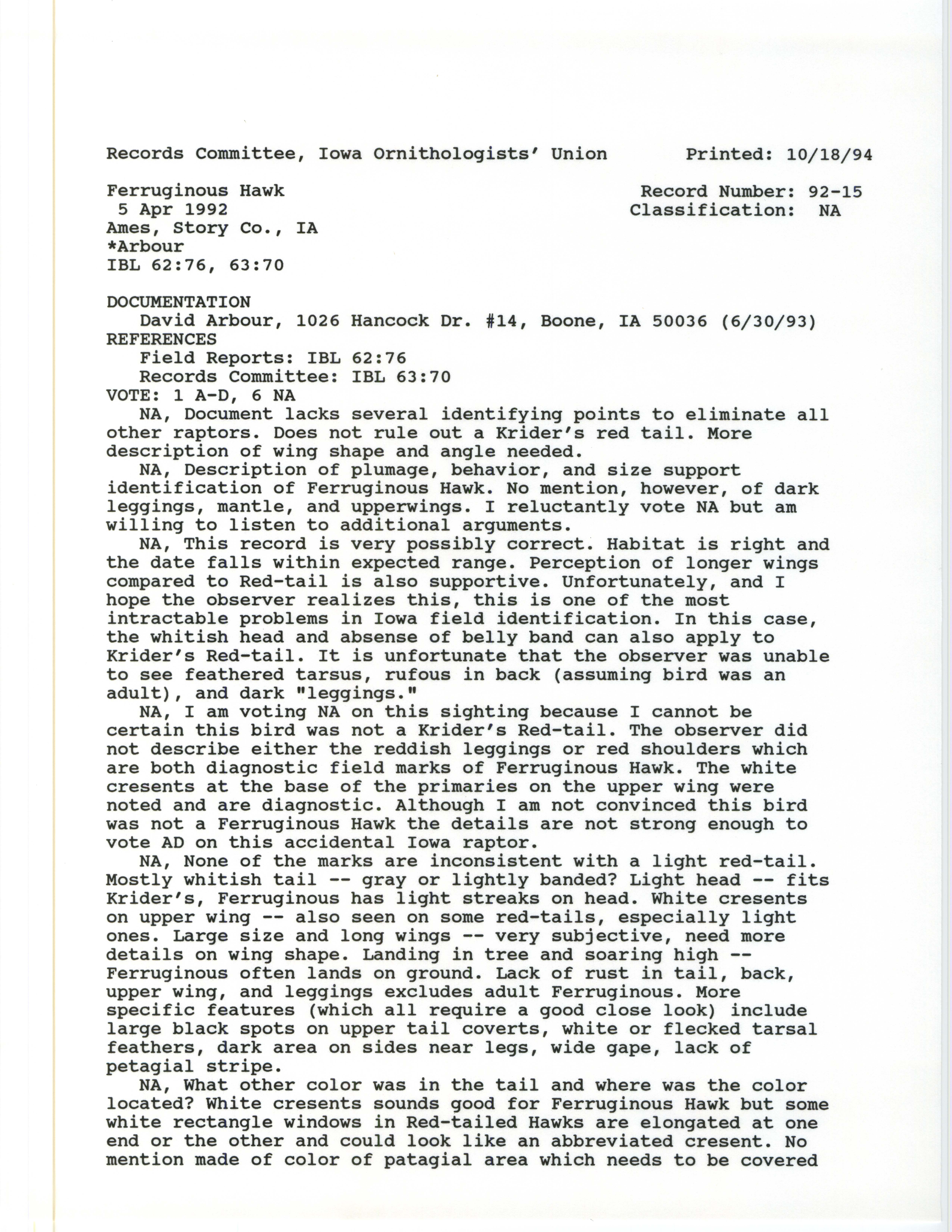 Records Committee review for rare bird sighting of Ferruginous Hawk at Ames, 1992