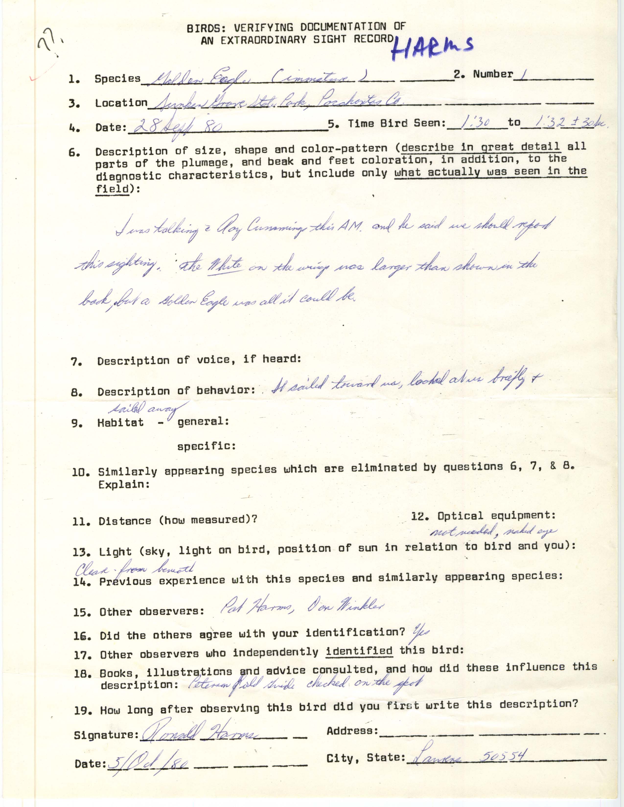 Rare bird documentation form for Golden Eagle at Sunken Grove State Park, 1980