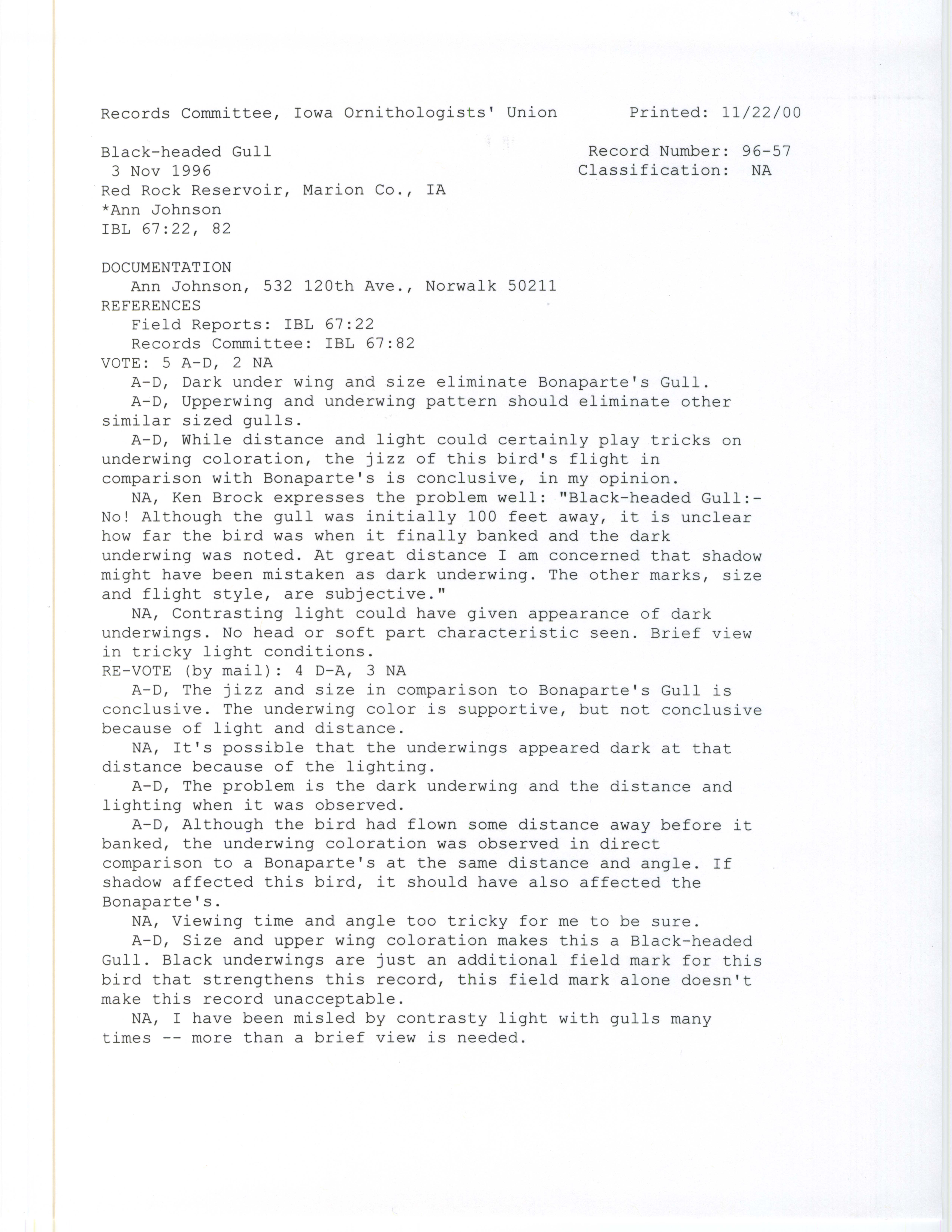 Records Committee review for rare bird sighting of Black-headed Gull at Red Rock Reservoir, 1996
