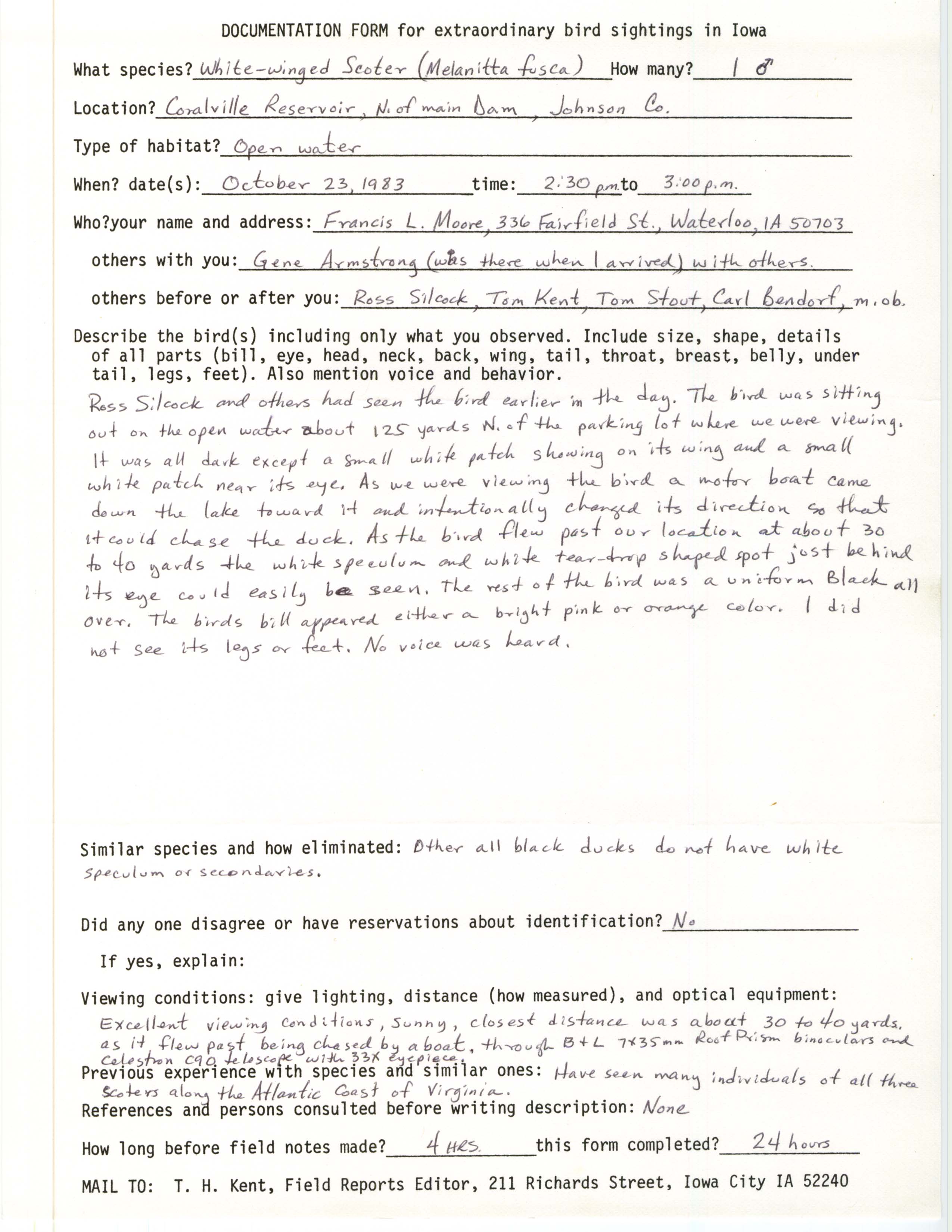 Rare bird documentation form for White-winged Scoter at Coralville Reservoir in 1983