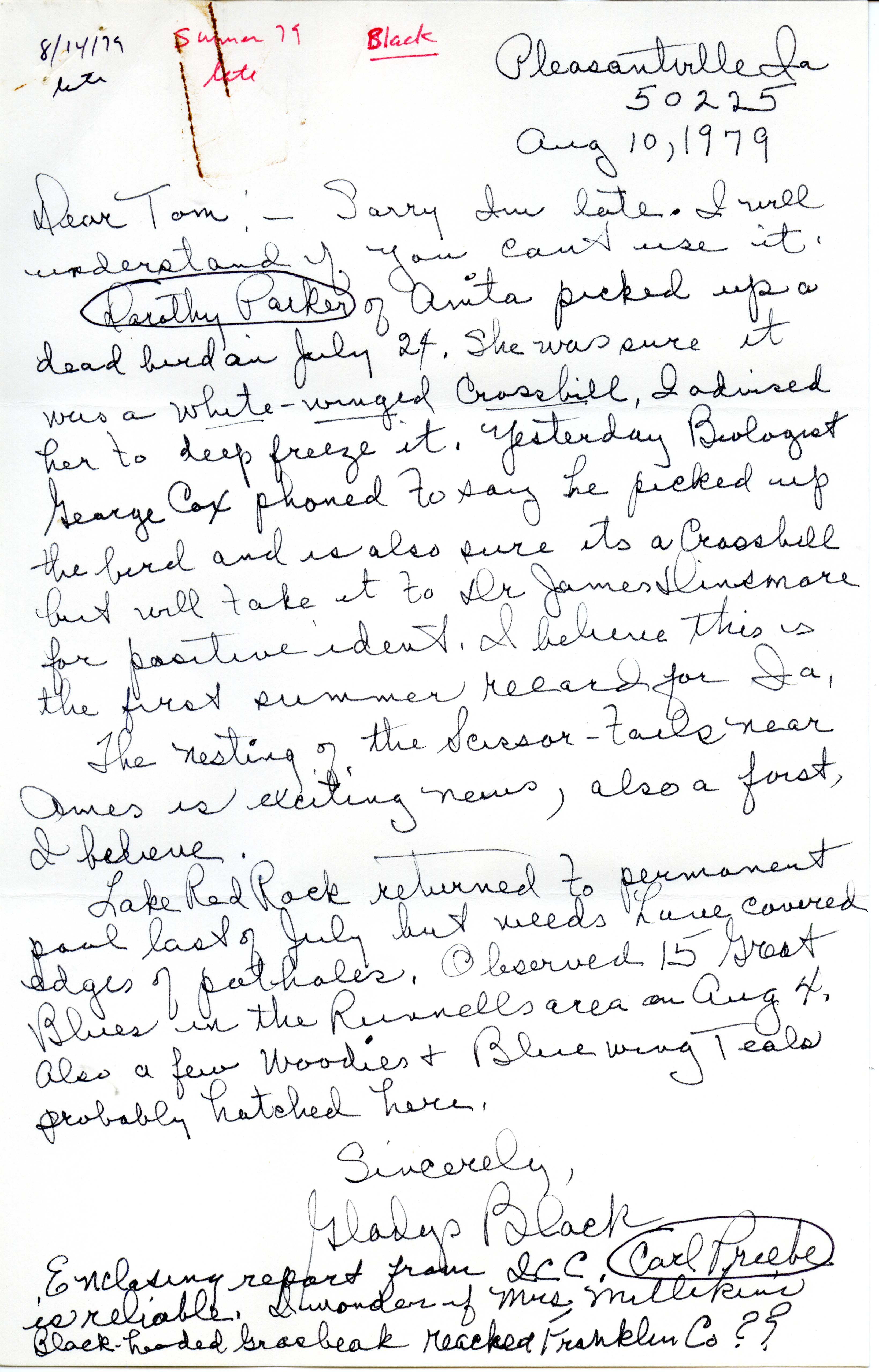 Gladys Black letter to Thomas H. Kent regarding bird sightings, August 10, 1979
