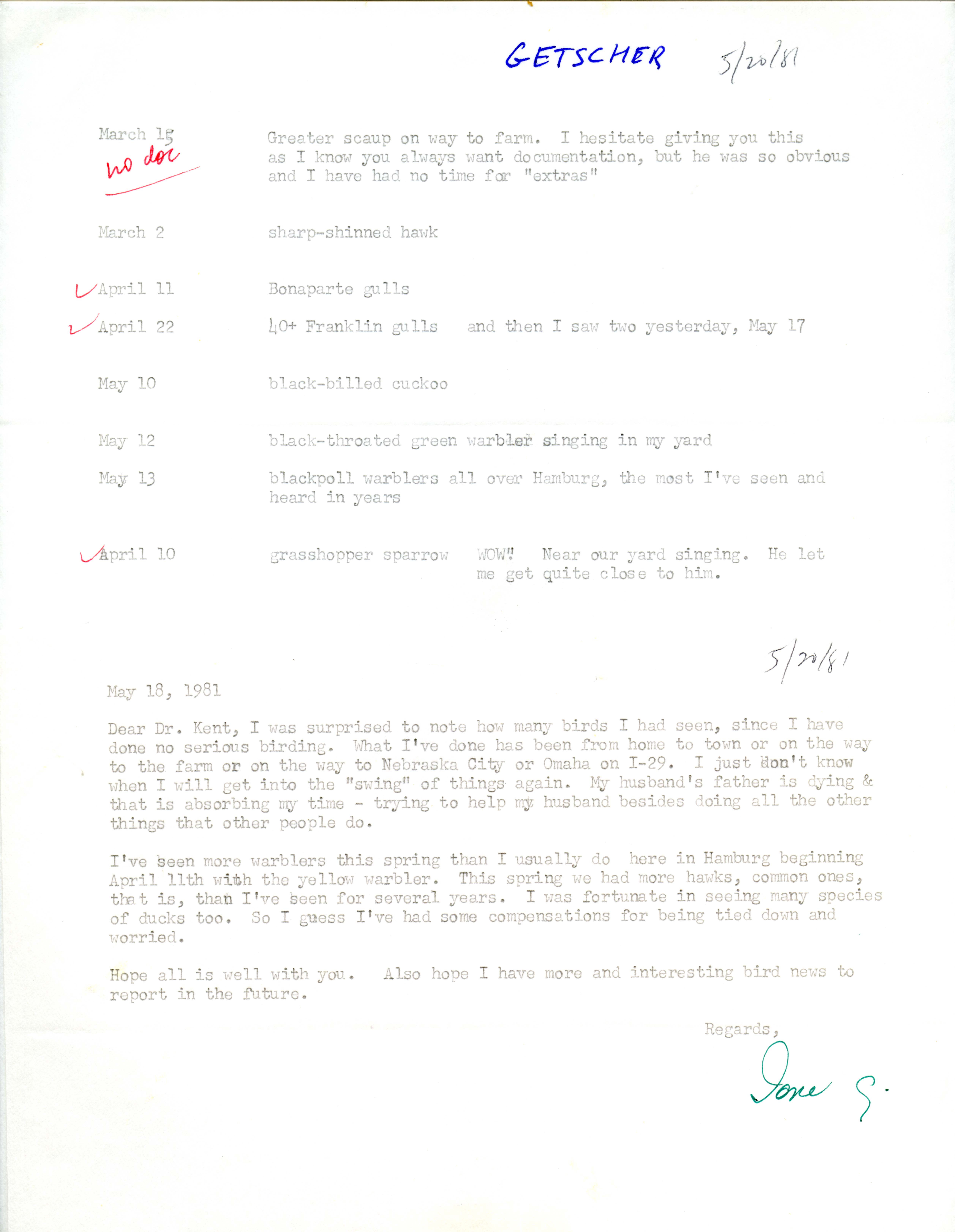 Ione Getscher letter to Thomas Kent regarding Spring sightings, May 18, 1981