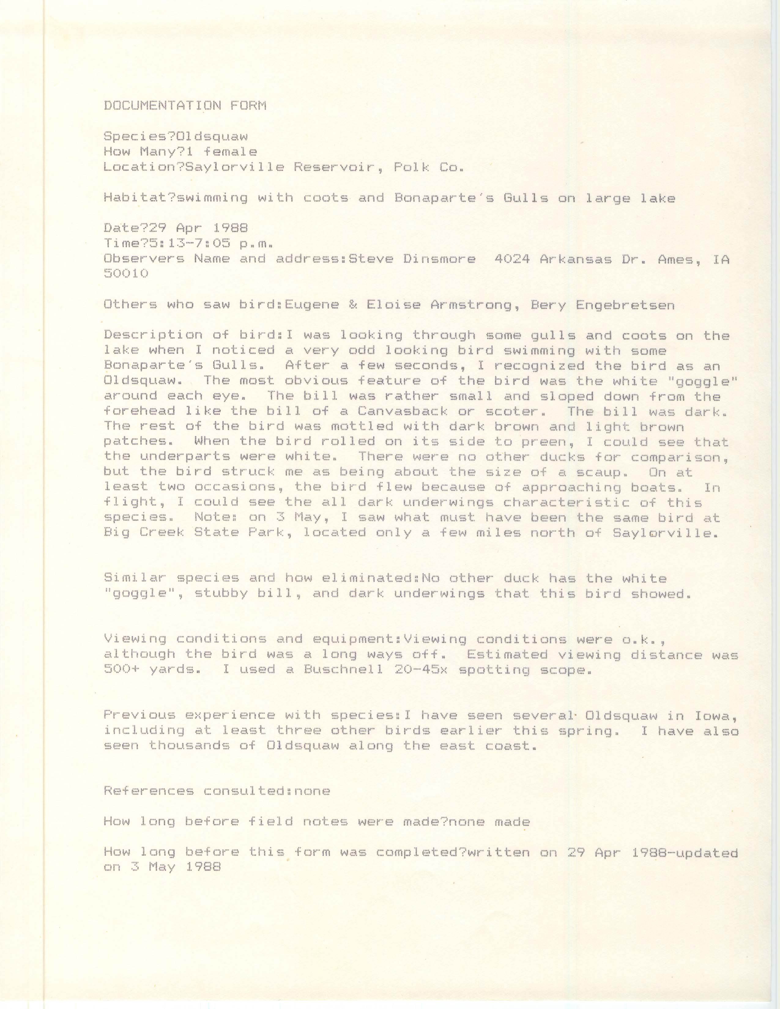 Rare bird documentation form for Long-tailed Duck at Saylorville Reservoir, 1988