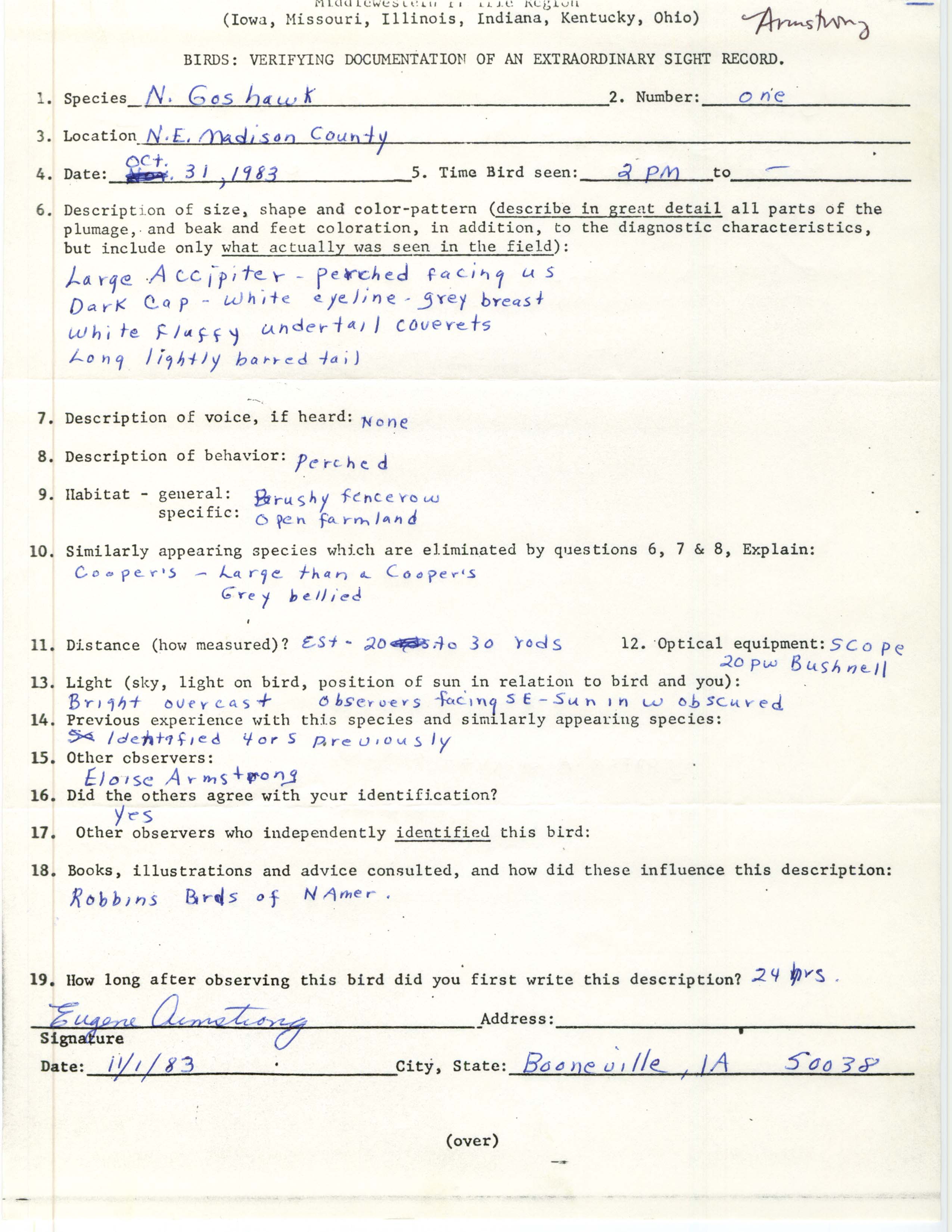 Rare bird documentation form for Northern Goshawk at Madison County, 1983