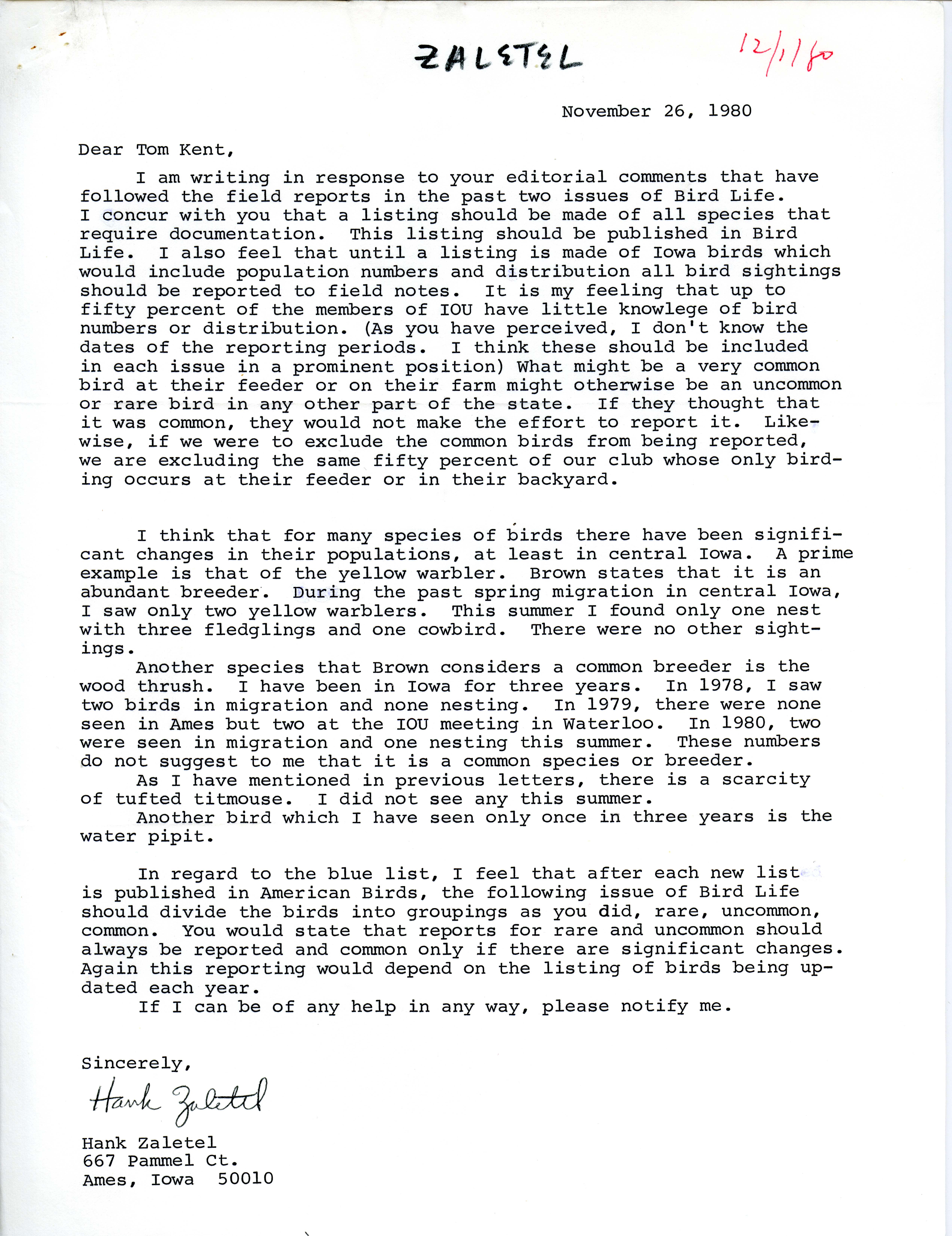 Hank Zaletel letter to Thomas Kent regarding editorial comments to field reports, November 26, 1980