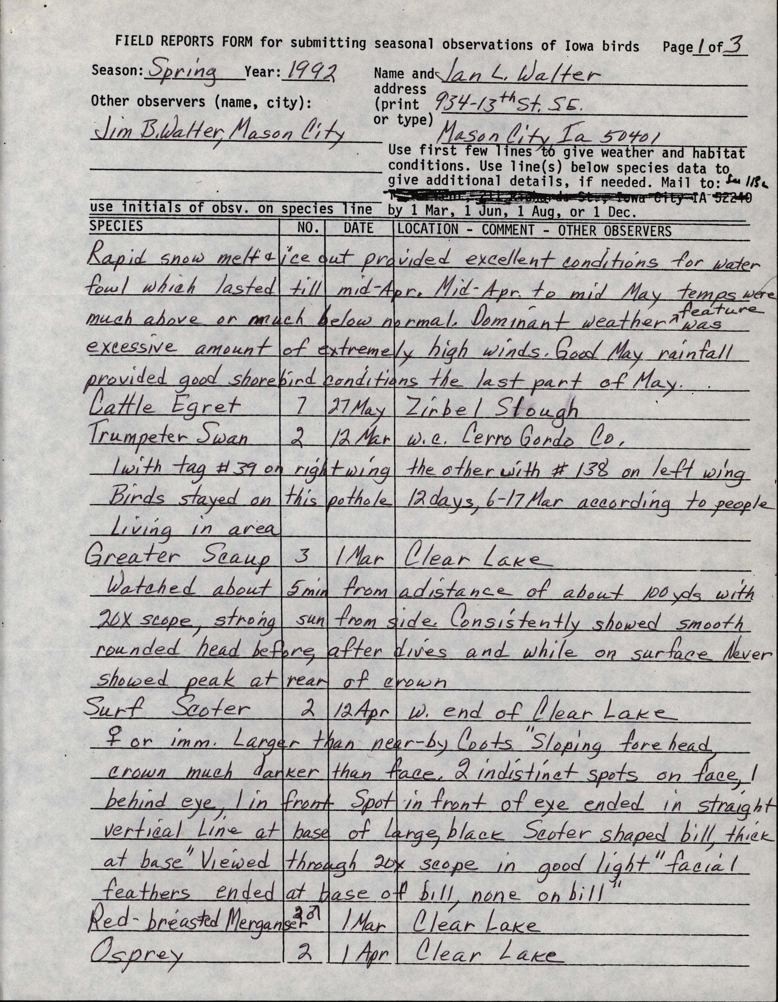 Field reports form for submitting seasonal observations of Iowa birds, Jan L. Walter, spring 1992