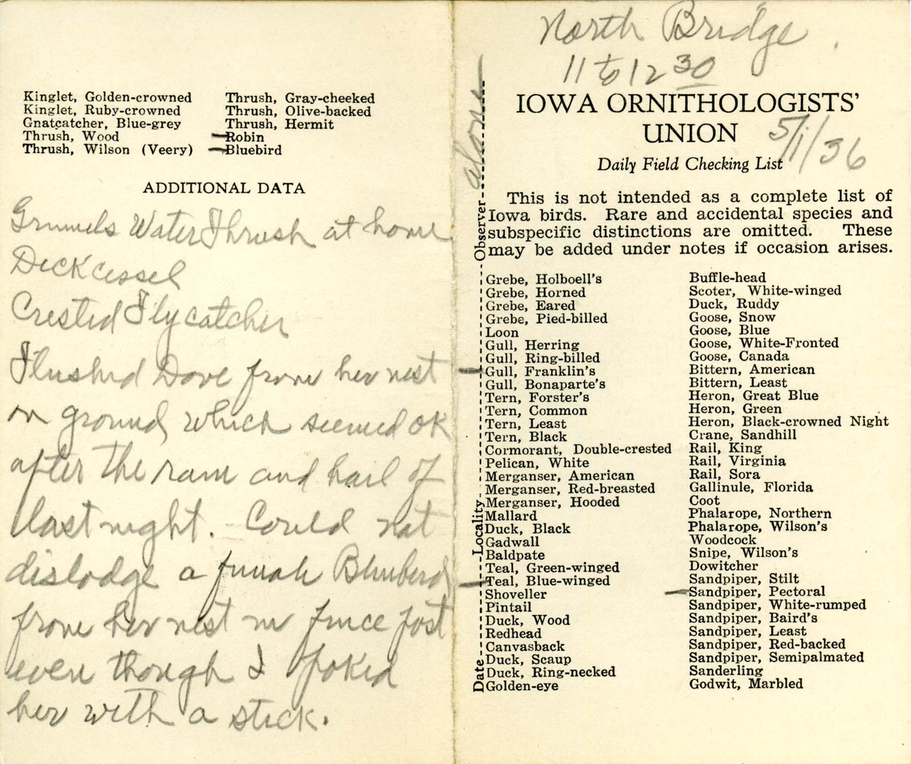 Daily field checking list by Walter Rosene, May 1, 1936