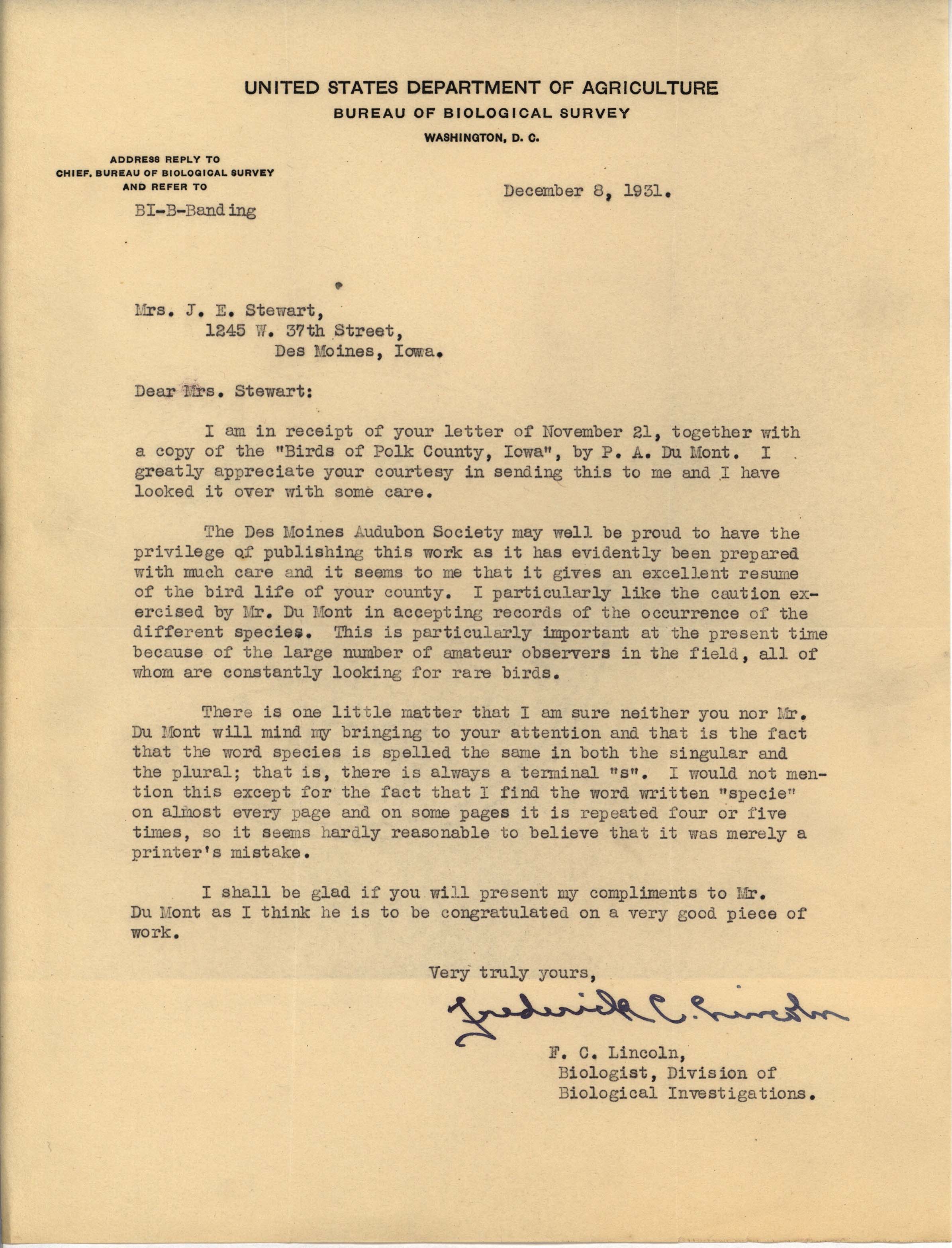 Frederick Lincoln letter to Mrs. J. E. Stewart regarding 