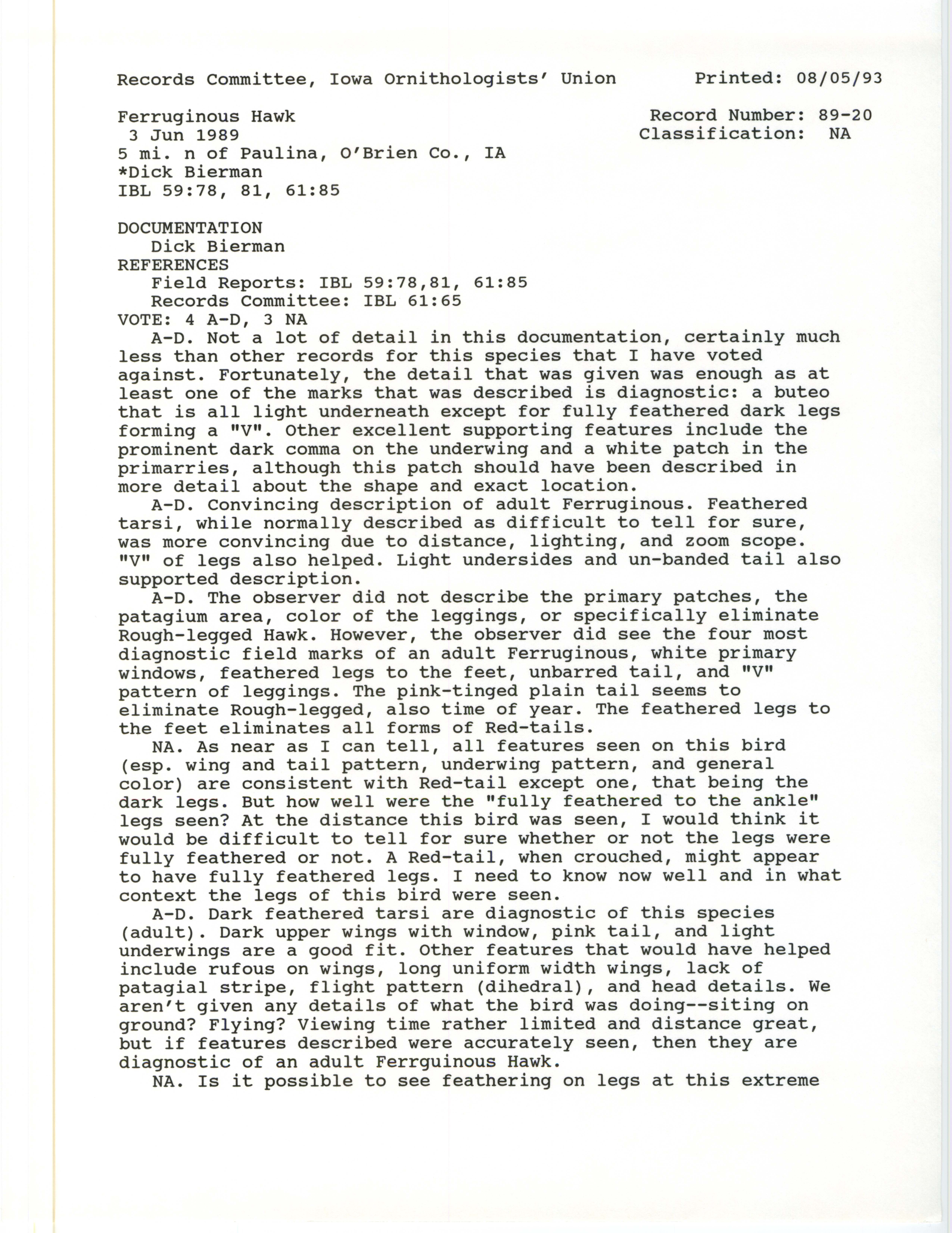 Records Committee review for rare bird sighting of Ferruginous Hawk at Paulina, 1989