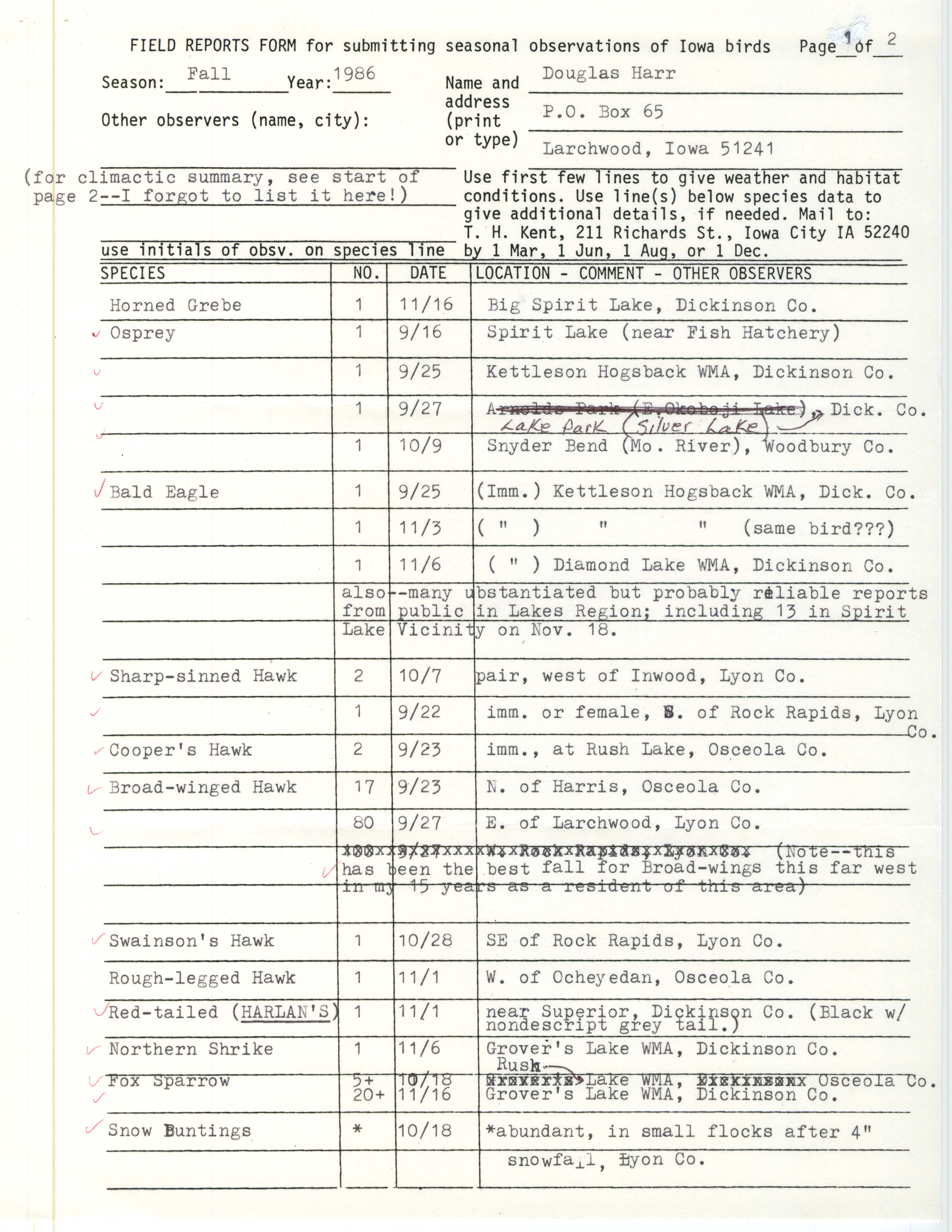 Field reports form, contributed by Douglas C. Harr, fall 1986