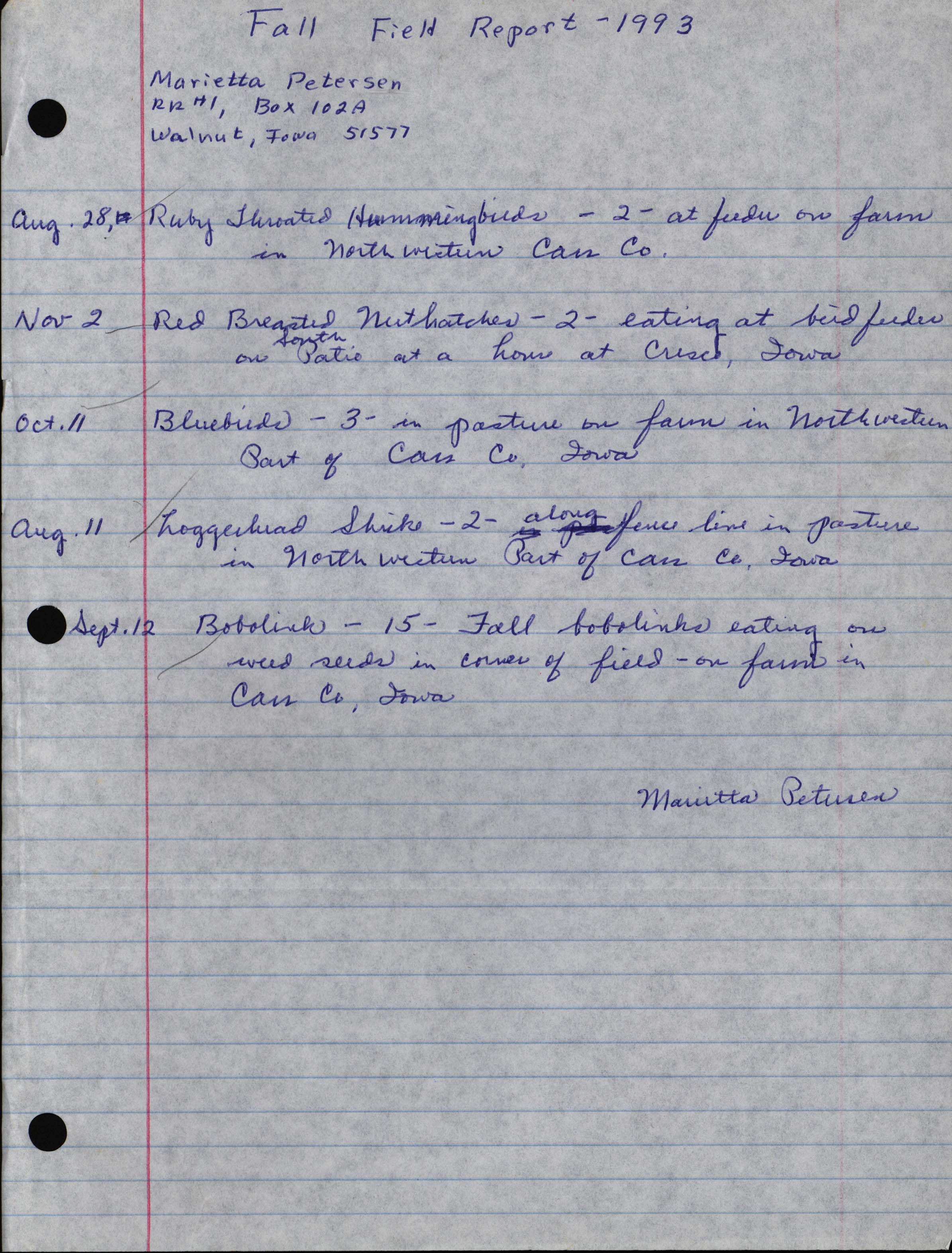 Field notes contributed by Marietta A. Petersen, fall 1993