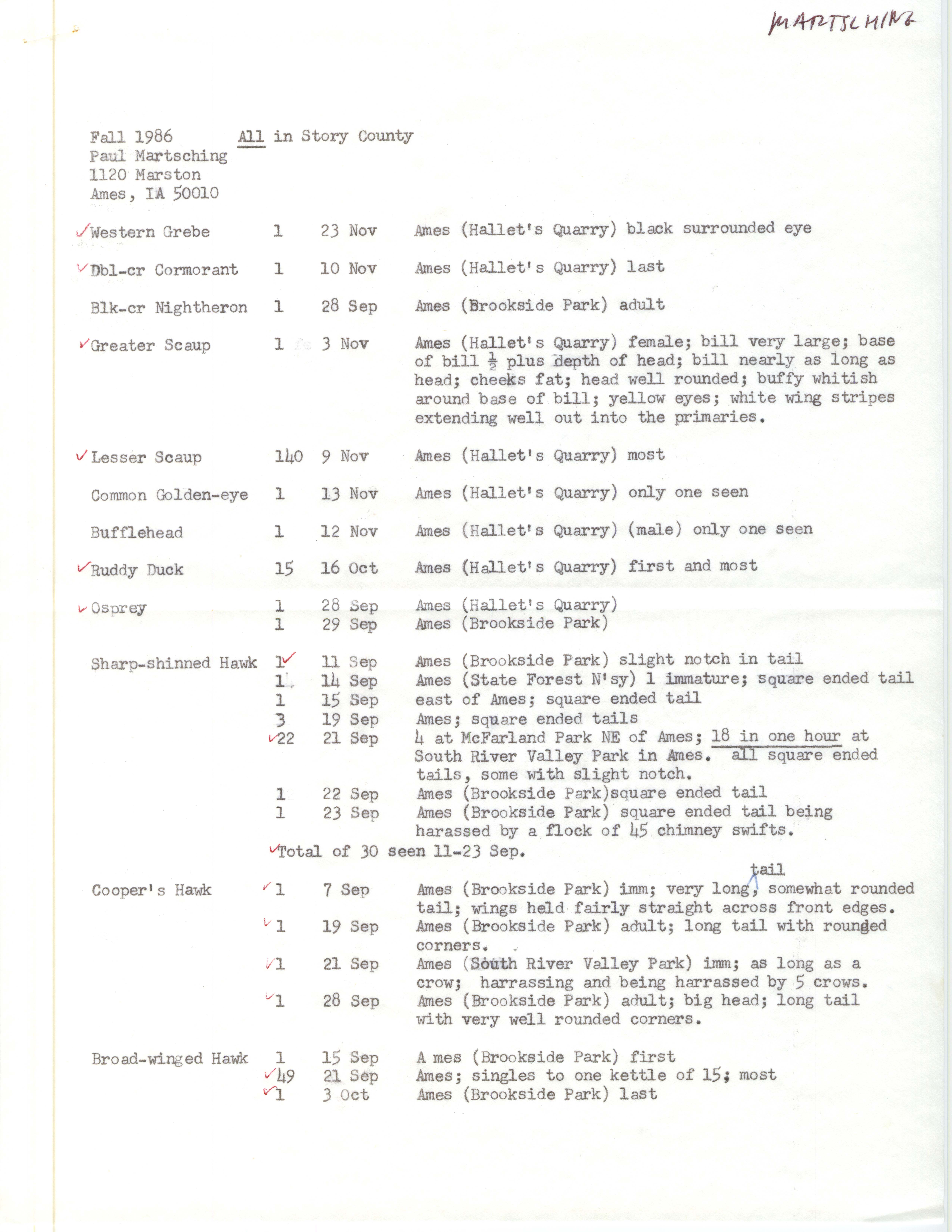 Field notes contributed by Paul Martsching, fall 1986