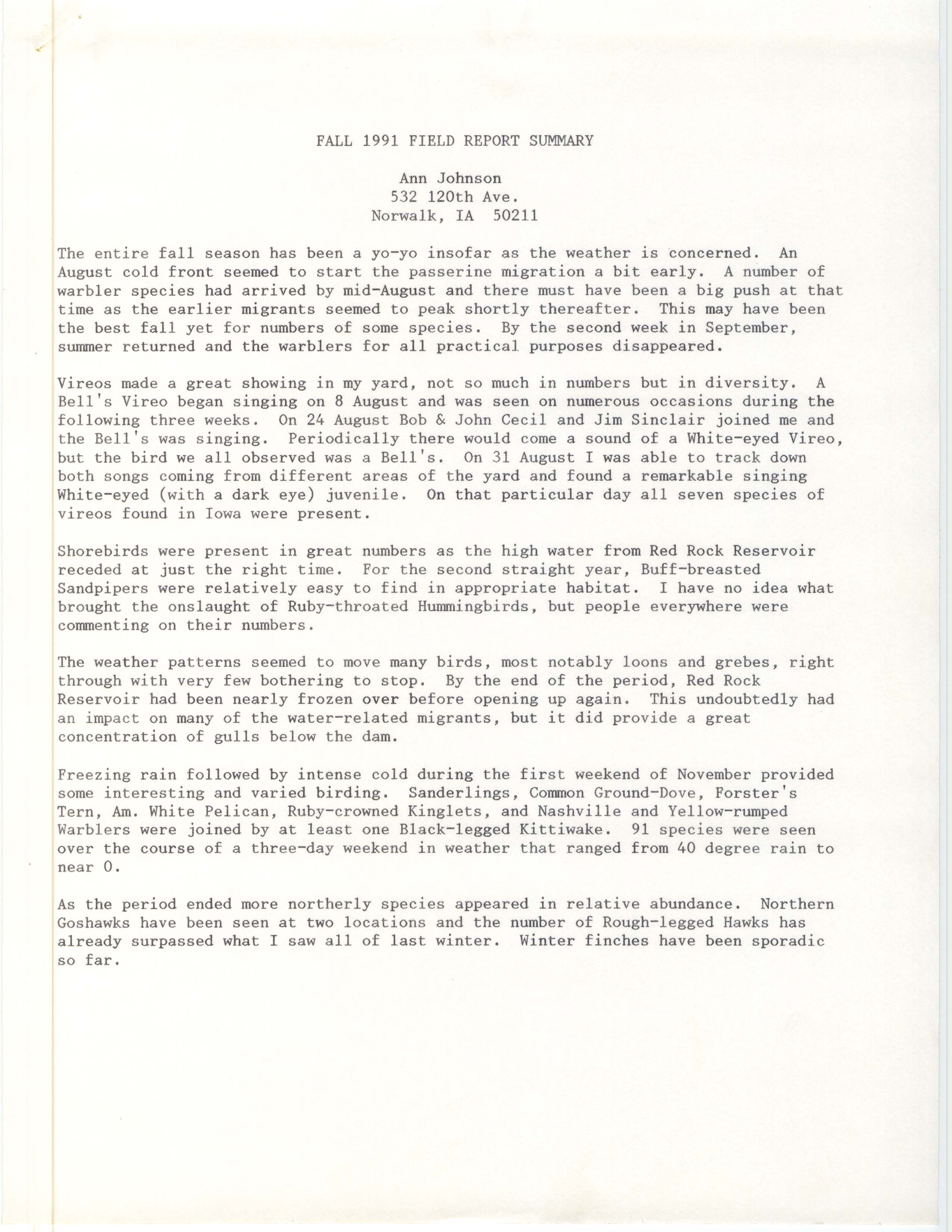 Field notes and Ann Johnson letter to the editor, fall 1991