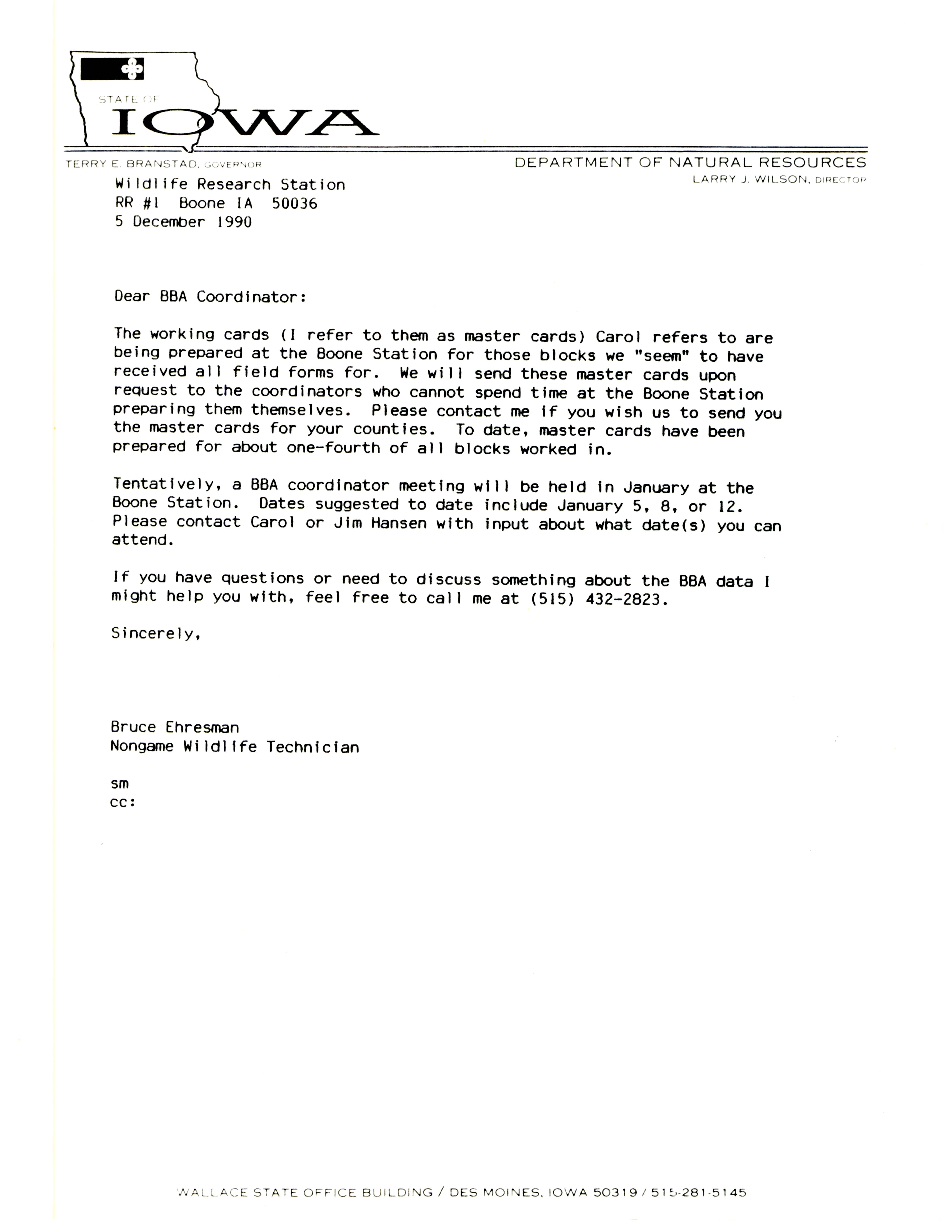Bruce Ehresman letter to the Breeding Bird Atlas coordinator, December 5, 1990