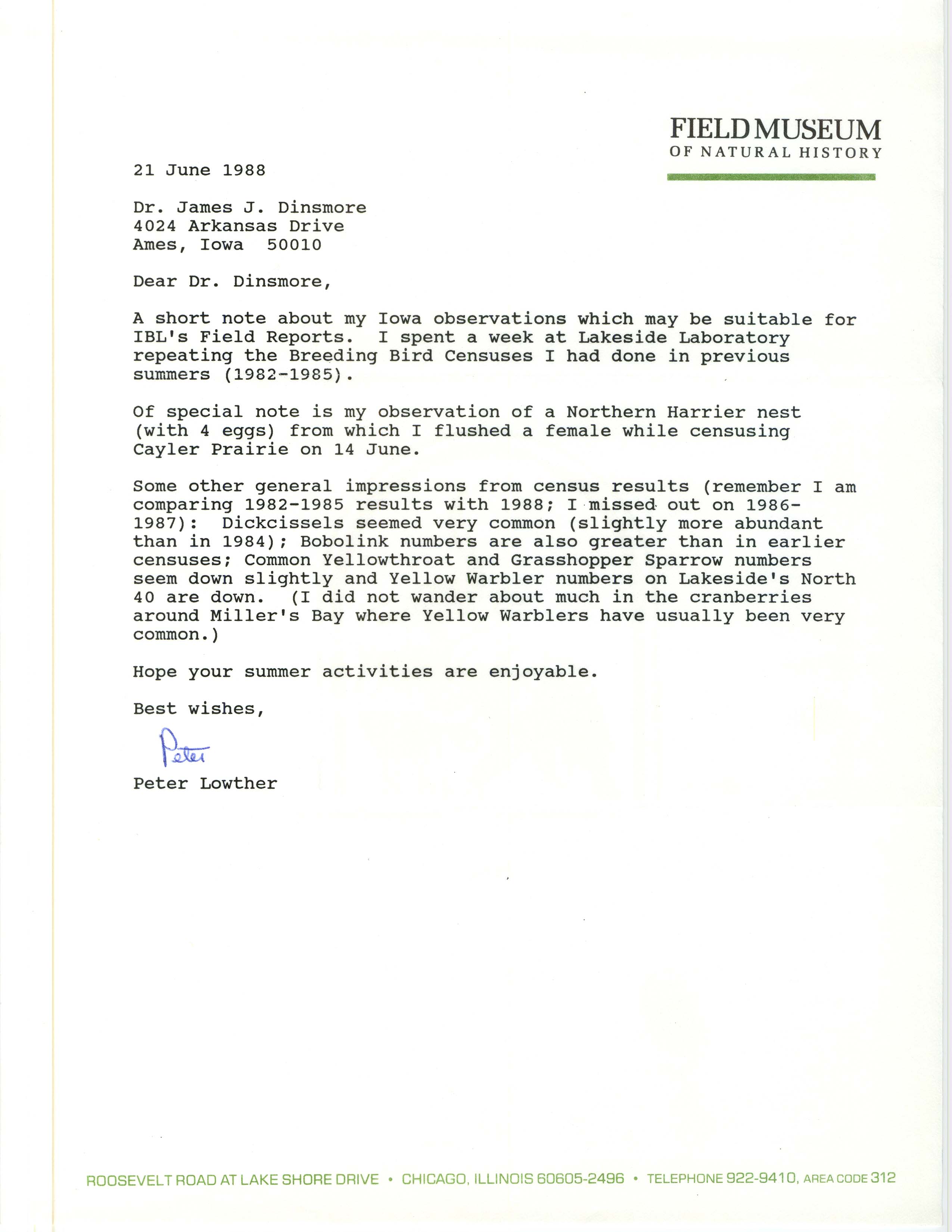 Peter E. Lowther letter to James J. Dinsmore regarding bird sightings, June 21, 1988