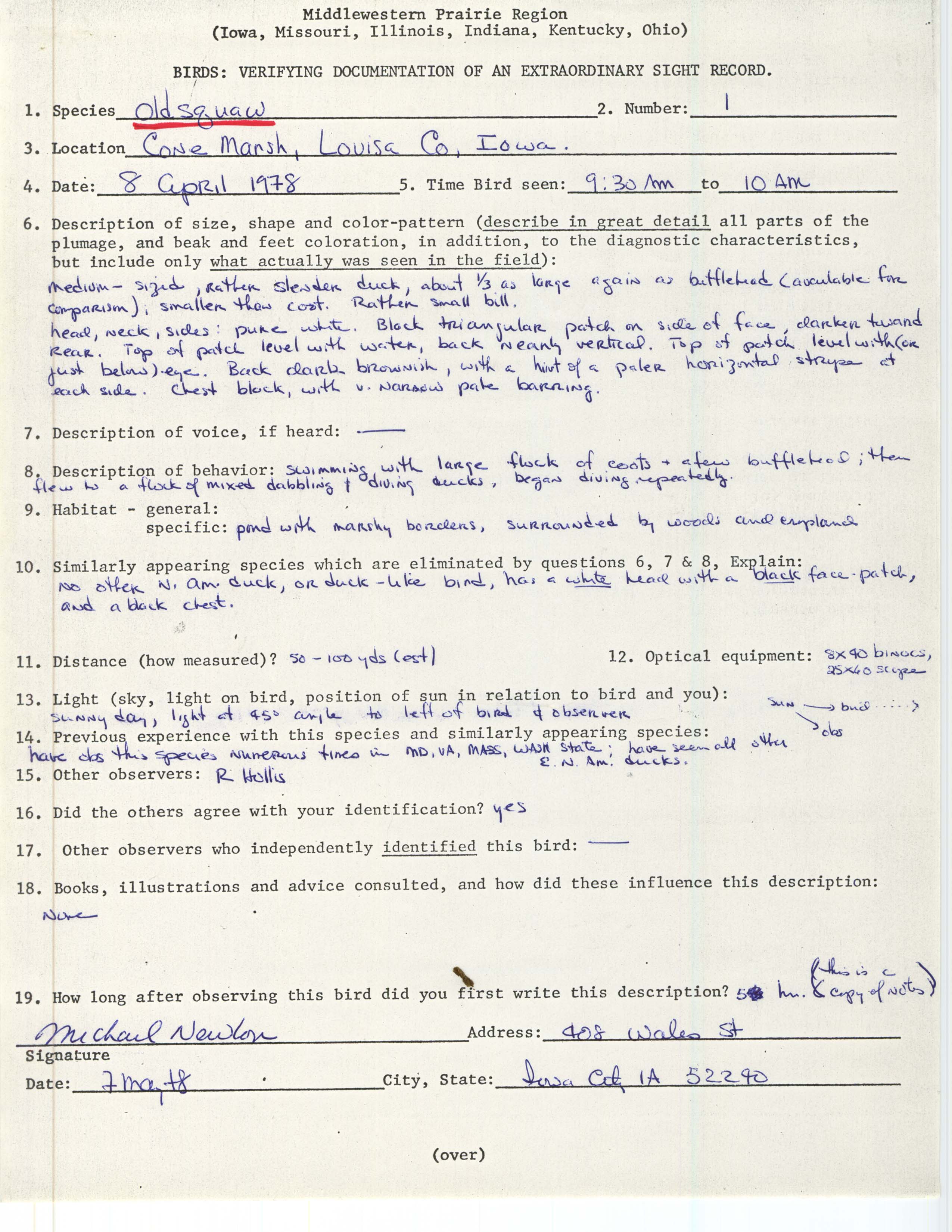 Rare bird documentation form for Long-tailed Duck at Cone Marsh, 1978