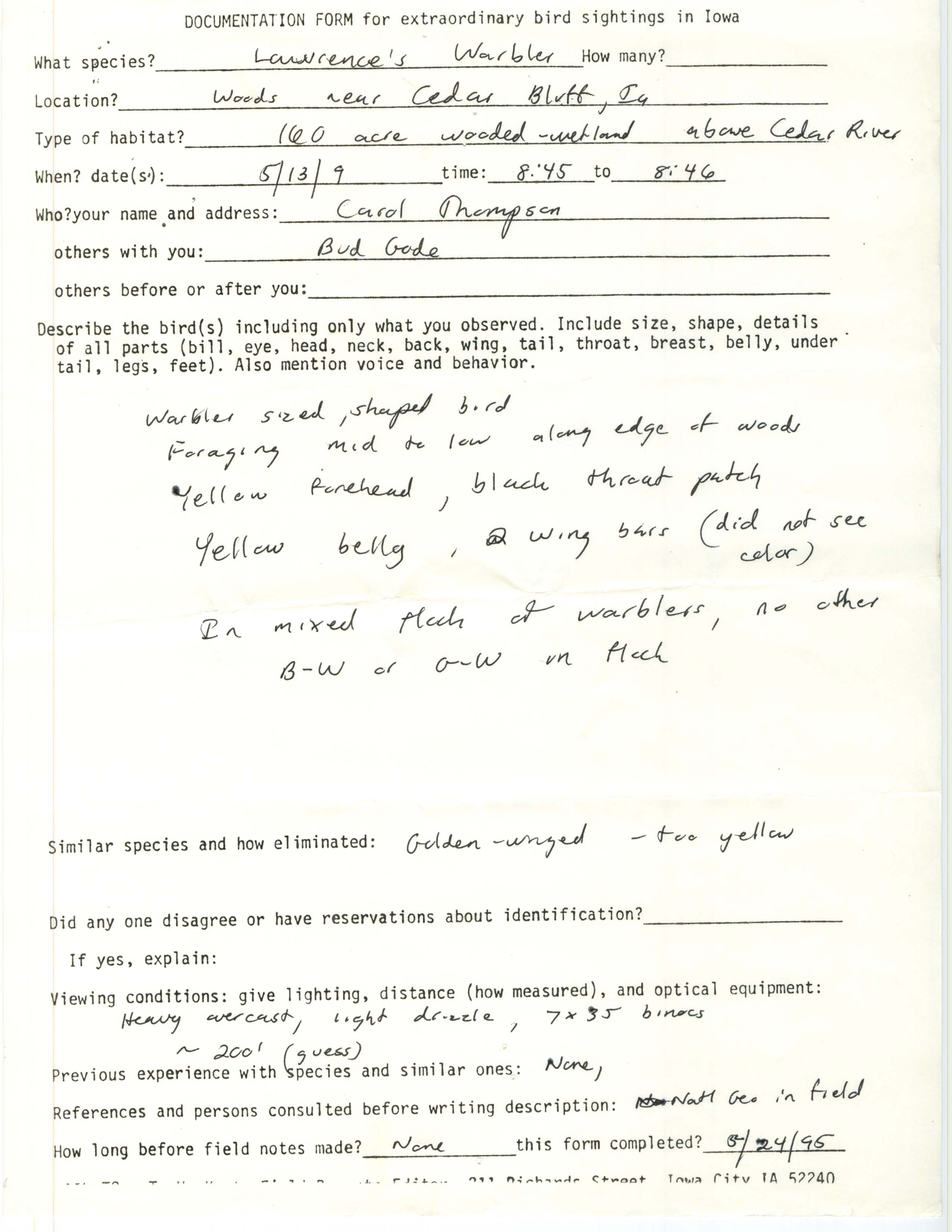 Rare bird documentation form for Lawrence's Warbler near Cedar Bluff, 1995