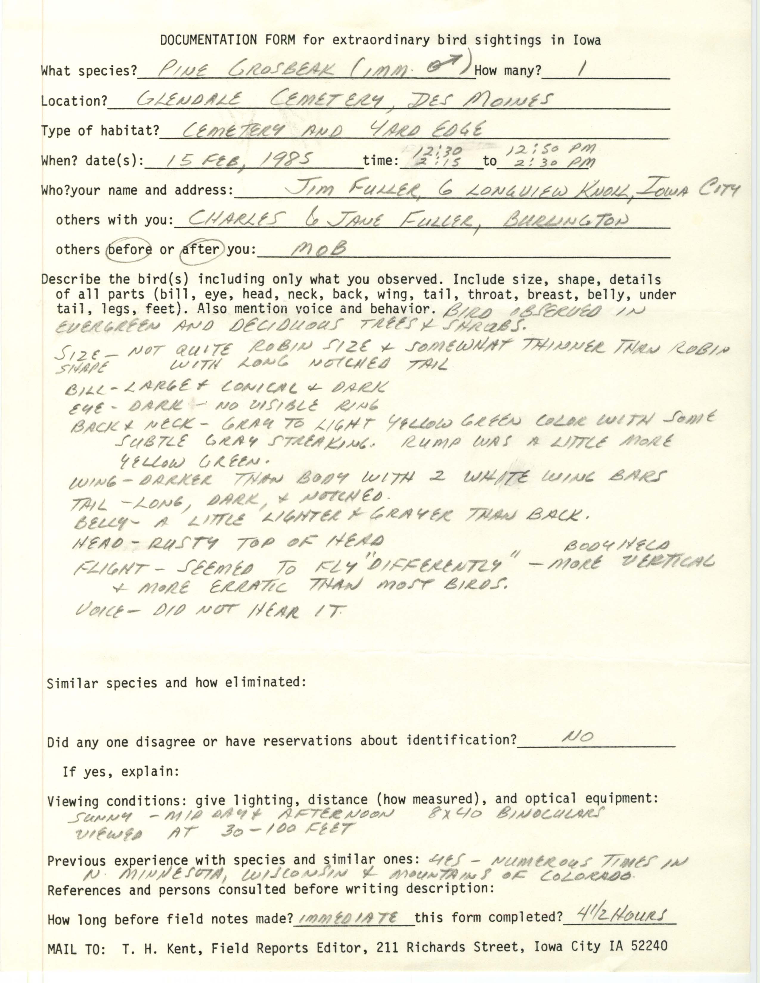 Rare bird documentation form for Pine Grosbeak at Glendale Cemetery in Des Moines, 1985