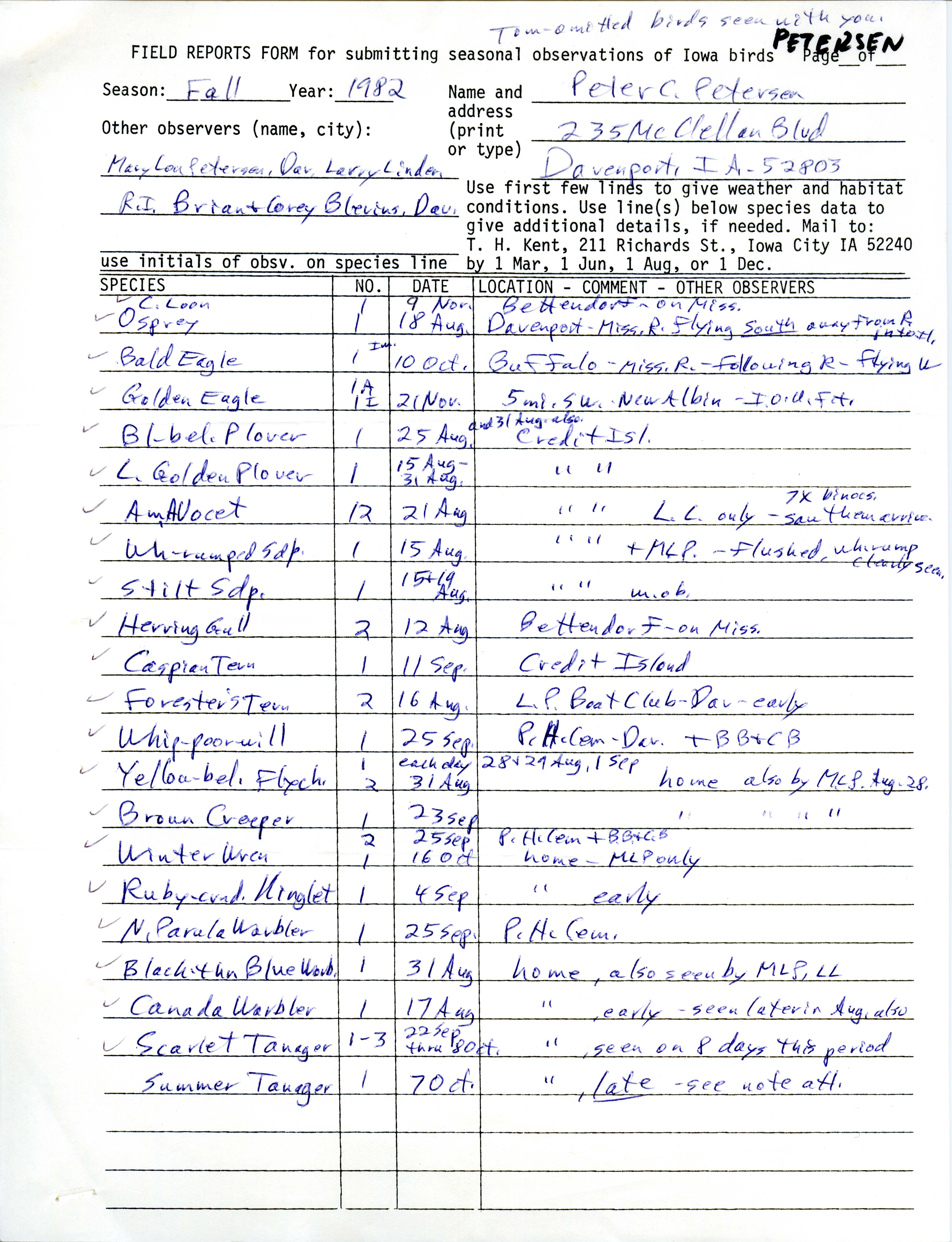 Field notes contributed by Peter C. Petersen, fall 1982