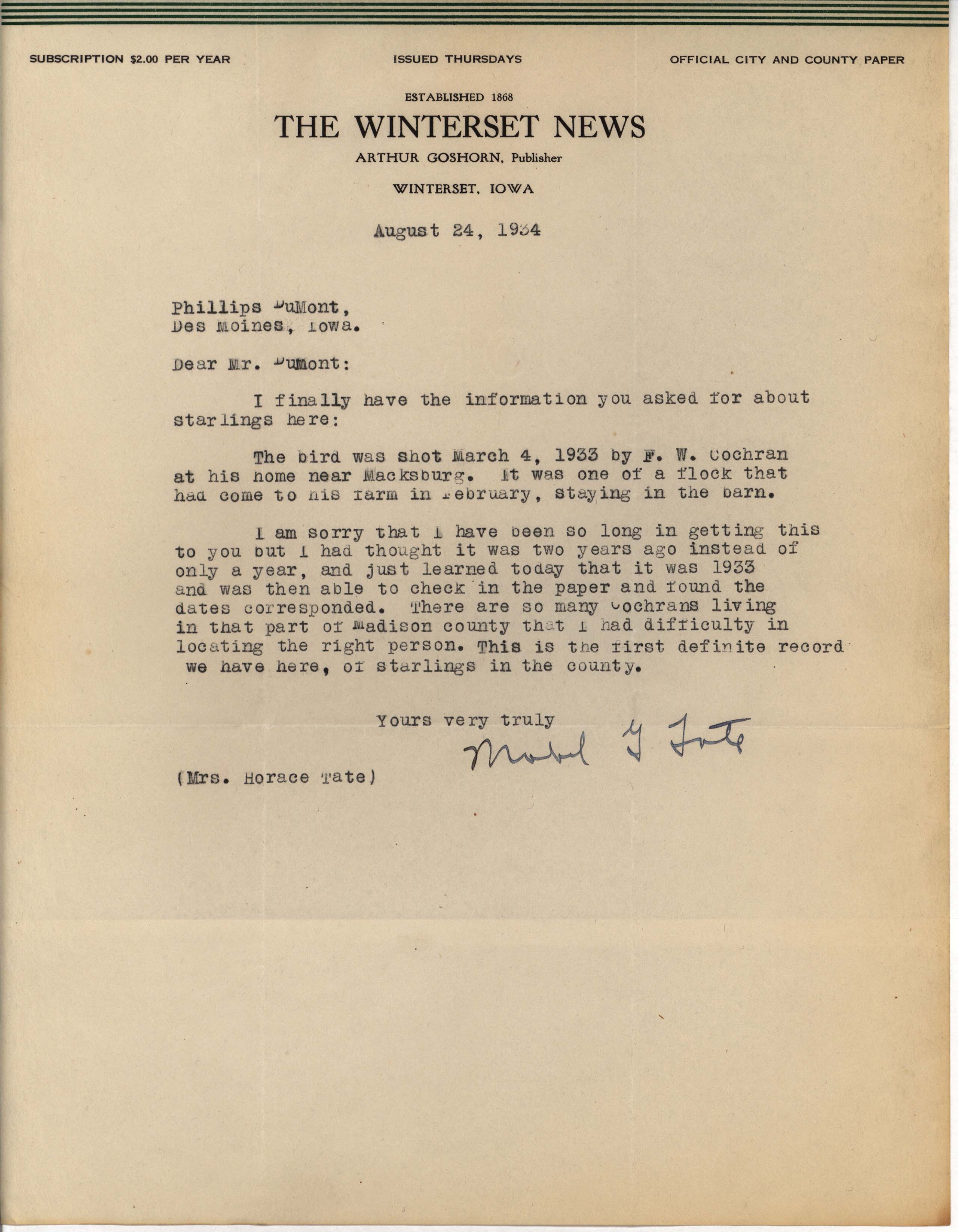 Mabel Tate letter to Philip DuMont regarding Starling shot near Macksburg, August 24, 1934