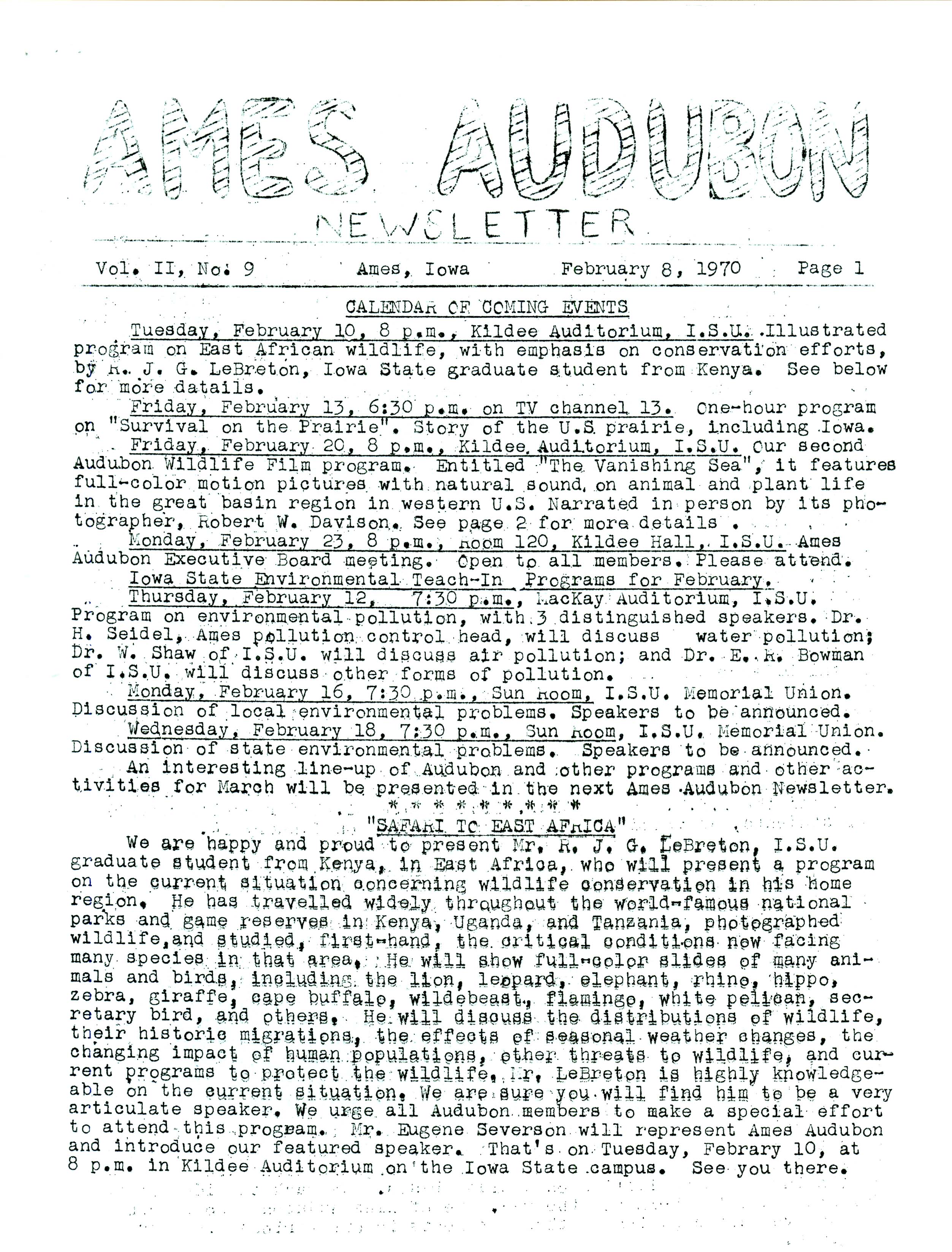 Ames Audubon Newsletter, Volume 2, Number 9, February 8, 1970 