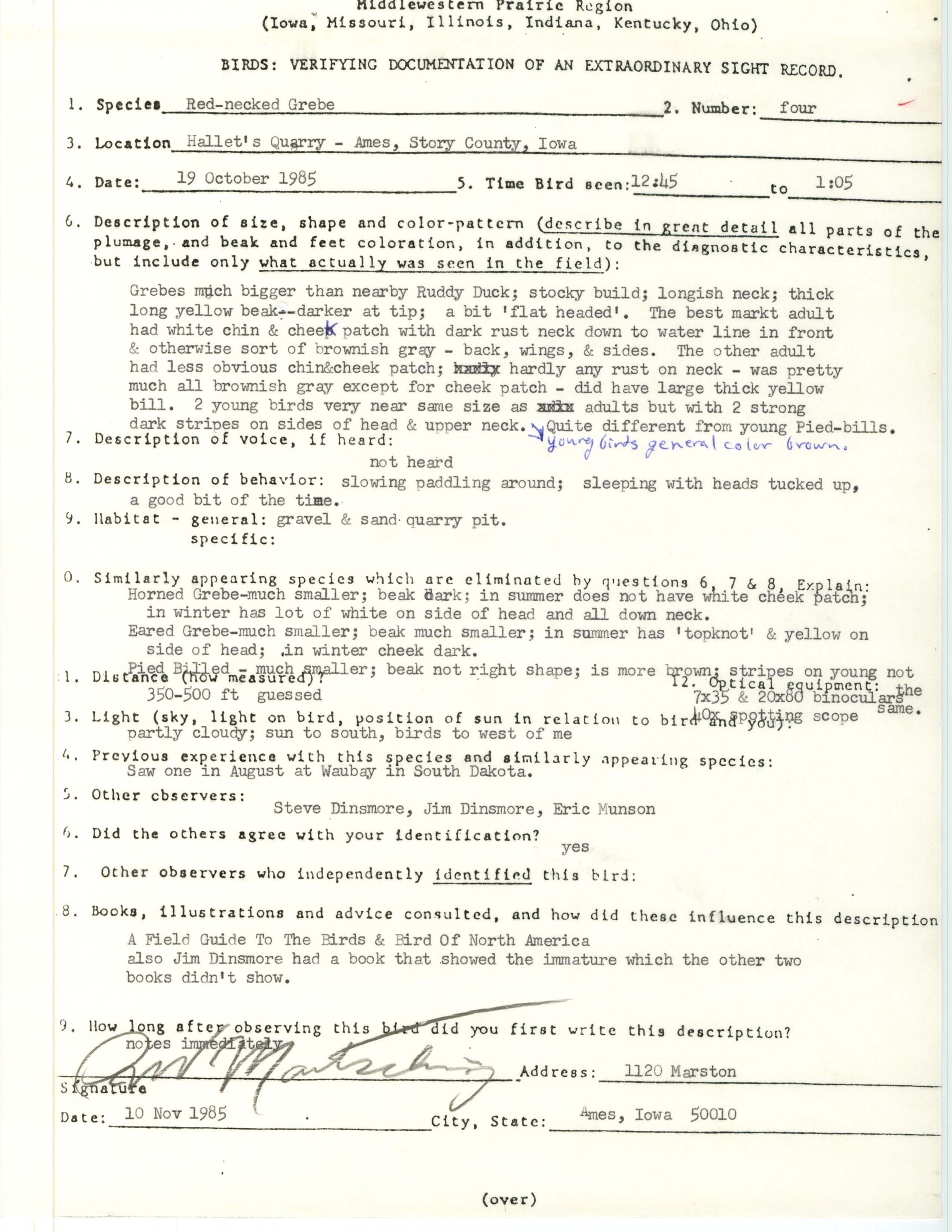 Rare bird documentation form for Red-necked Grebe at Hallett's Quarry in Ames, 1985