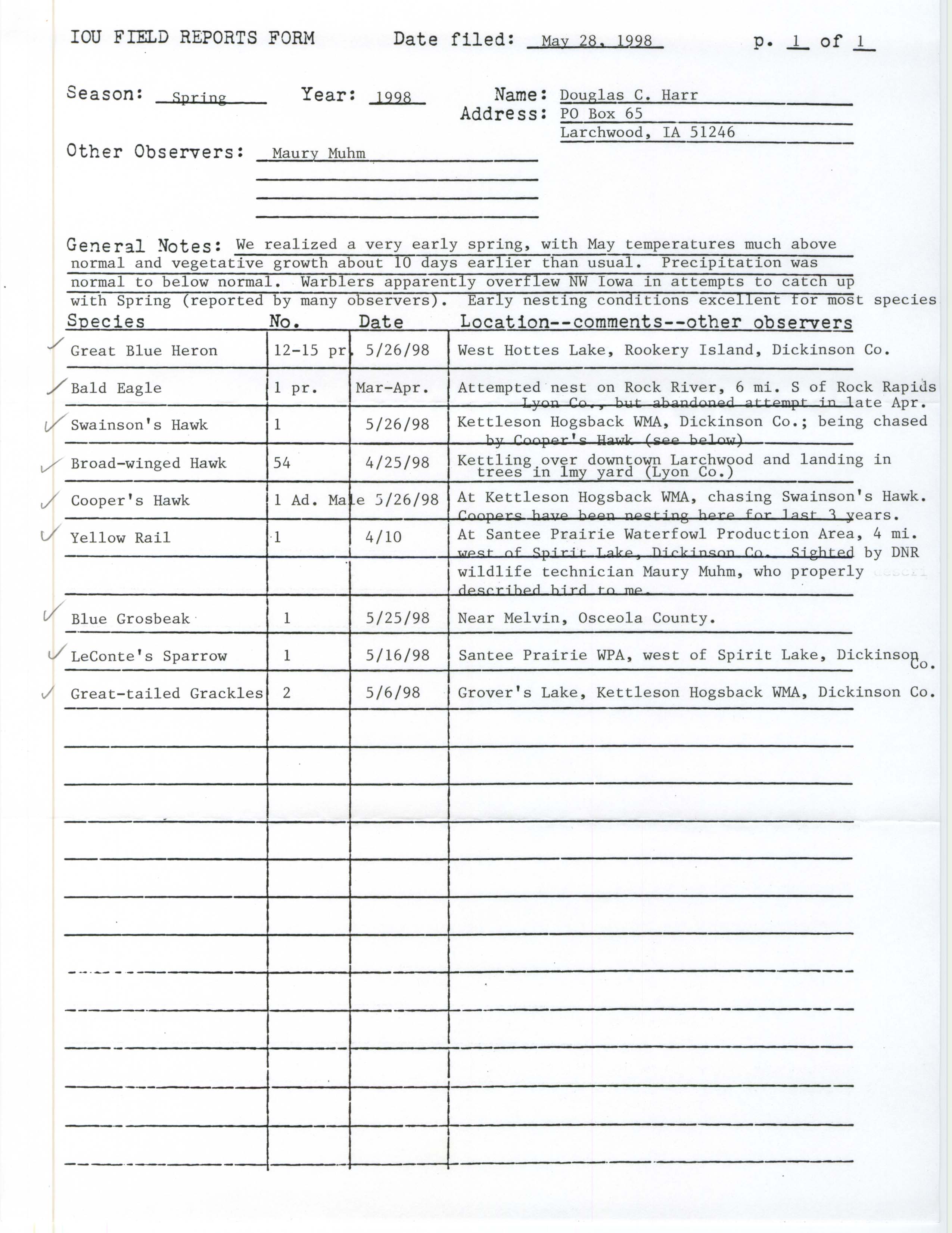 IOU field reports form, Douglas Harr, May 28, 1998