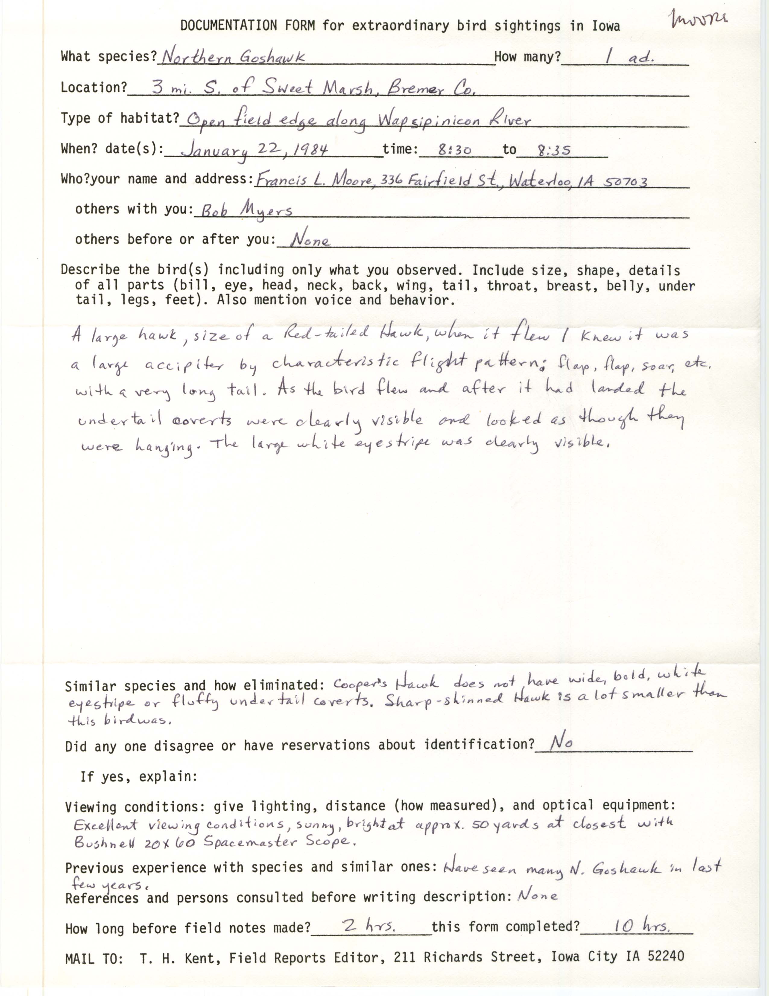 Rare bird documentation form for Northern Goshawk at Sweet Marsh, 1984