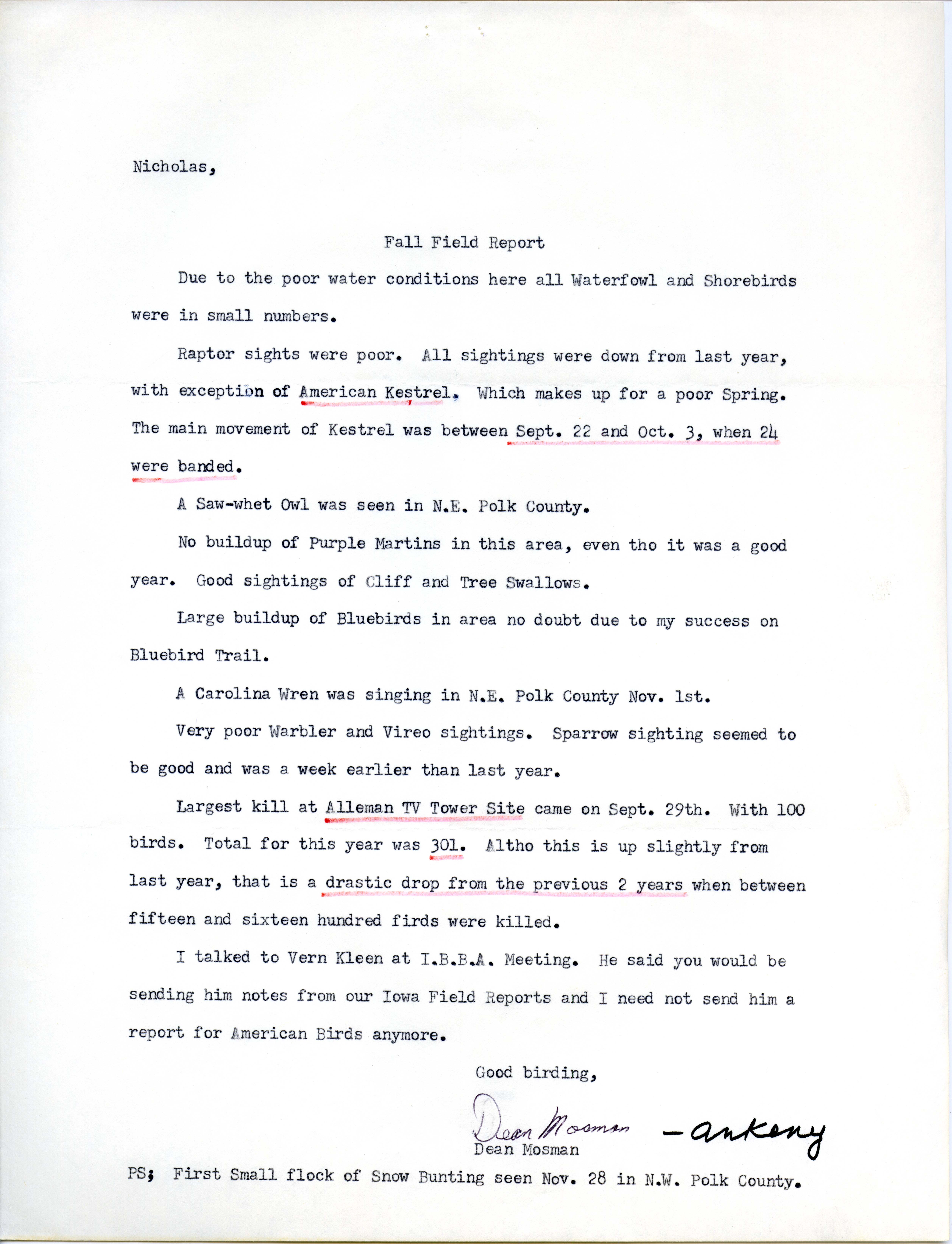 Dean Mosman letter to Nicholas S. Halmi regarding fall migration, 1976