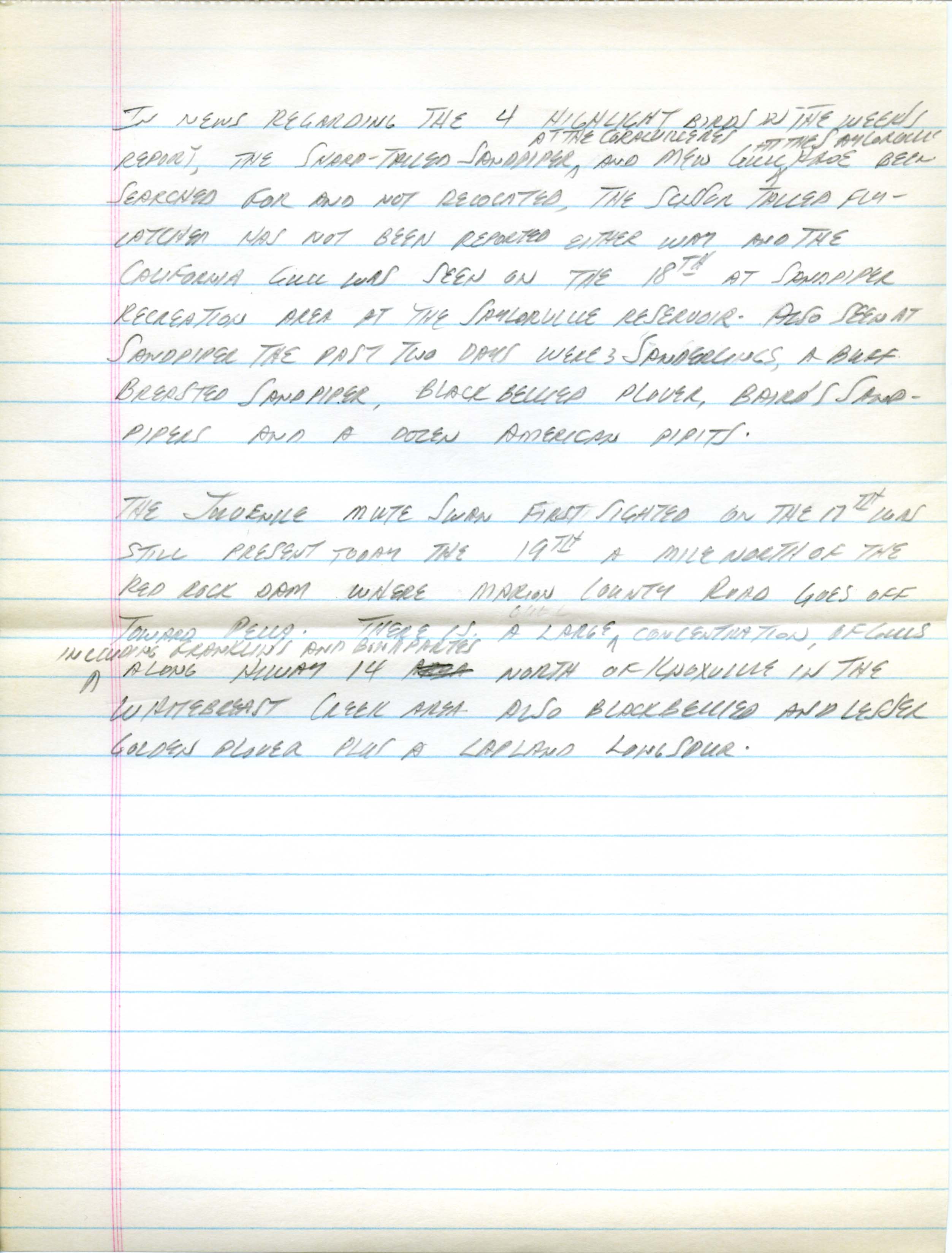 Iowa Birdline update, October 19, 1990, notes