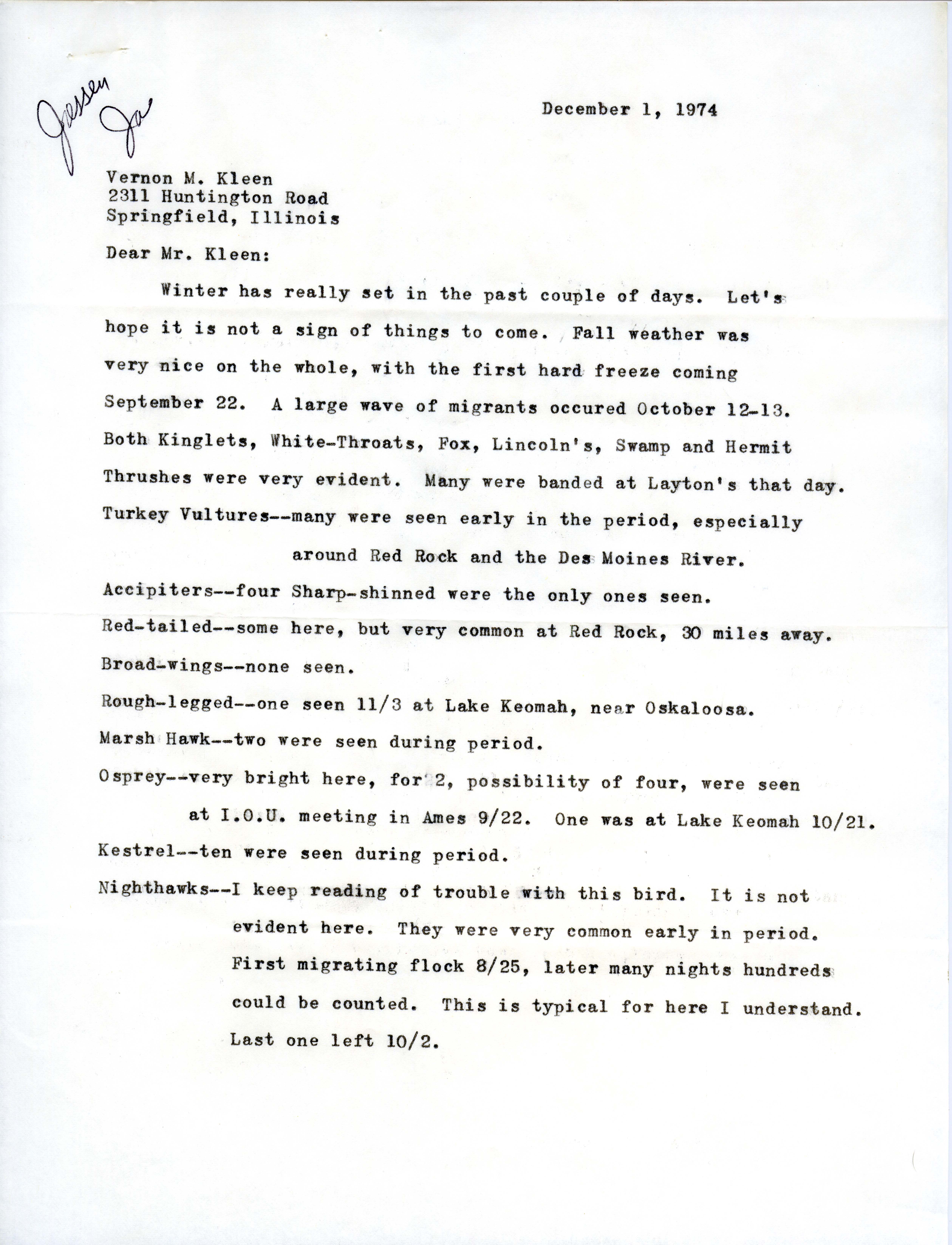 Robert Jessen letter and checklist to Vernon M. Kleen regarding birds sighted during 1974 fall migration, December 1, 1974
