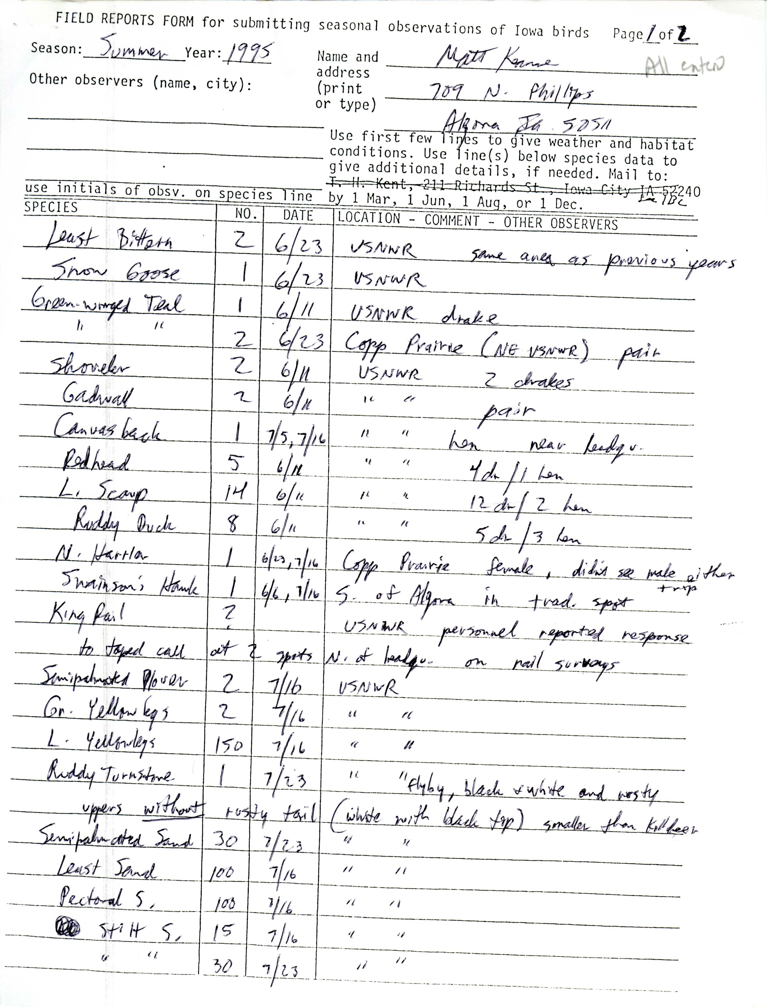 Field reports form for submitting seasonal observations of Iowa birds, summer 1995, Matt Kenne