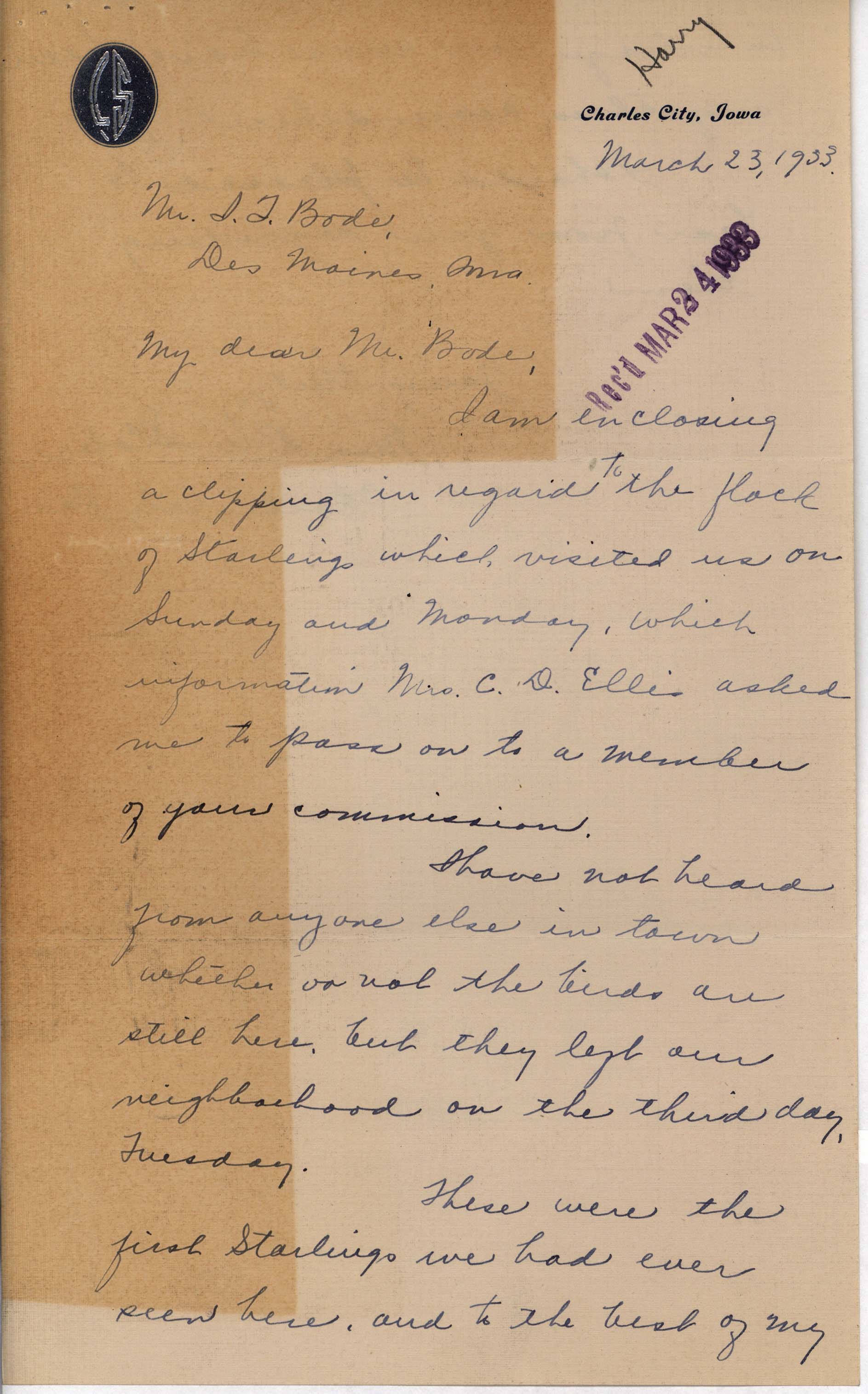 Lillian Stober letter to Irwin Bode regarding Starlings, March 23, 1933