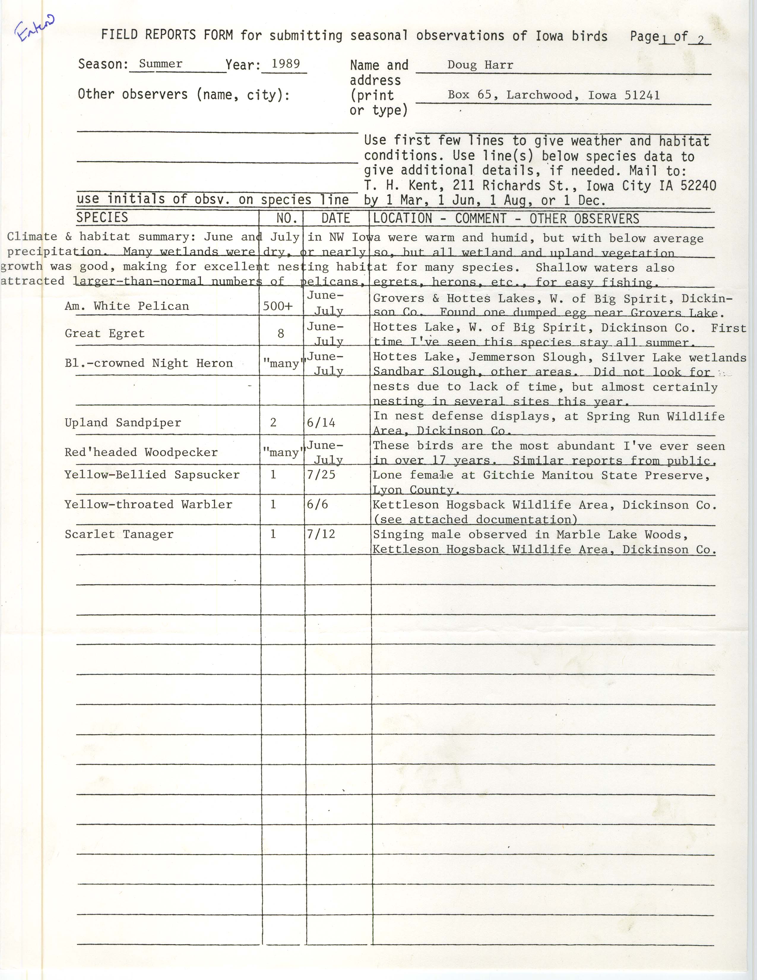 Field reports form for submitting seasonal observations of Iowa birds, Douglas C. Harr, summer 1989