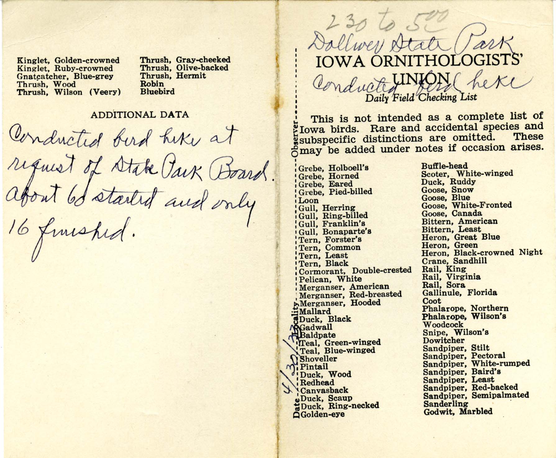 Daily field checking list, Walter Rosene, April 30, 1933 bird hike
