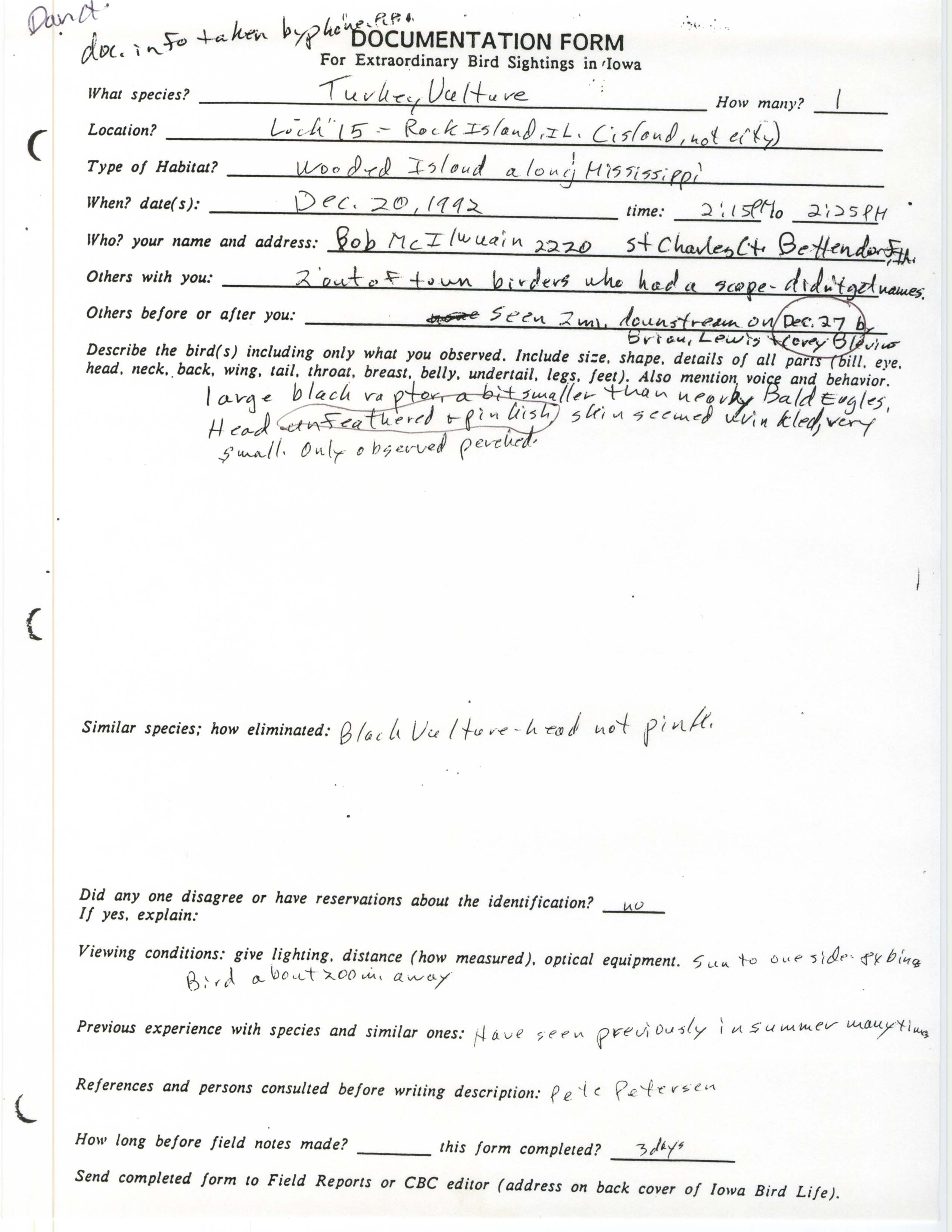 Rare bird documentation form for Turkey Vulture at Lock 15, 1992