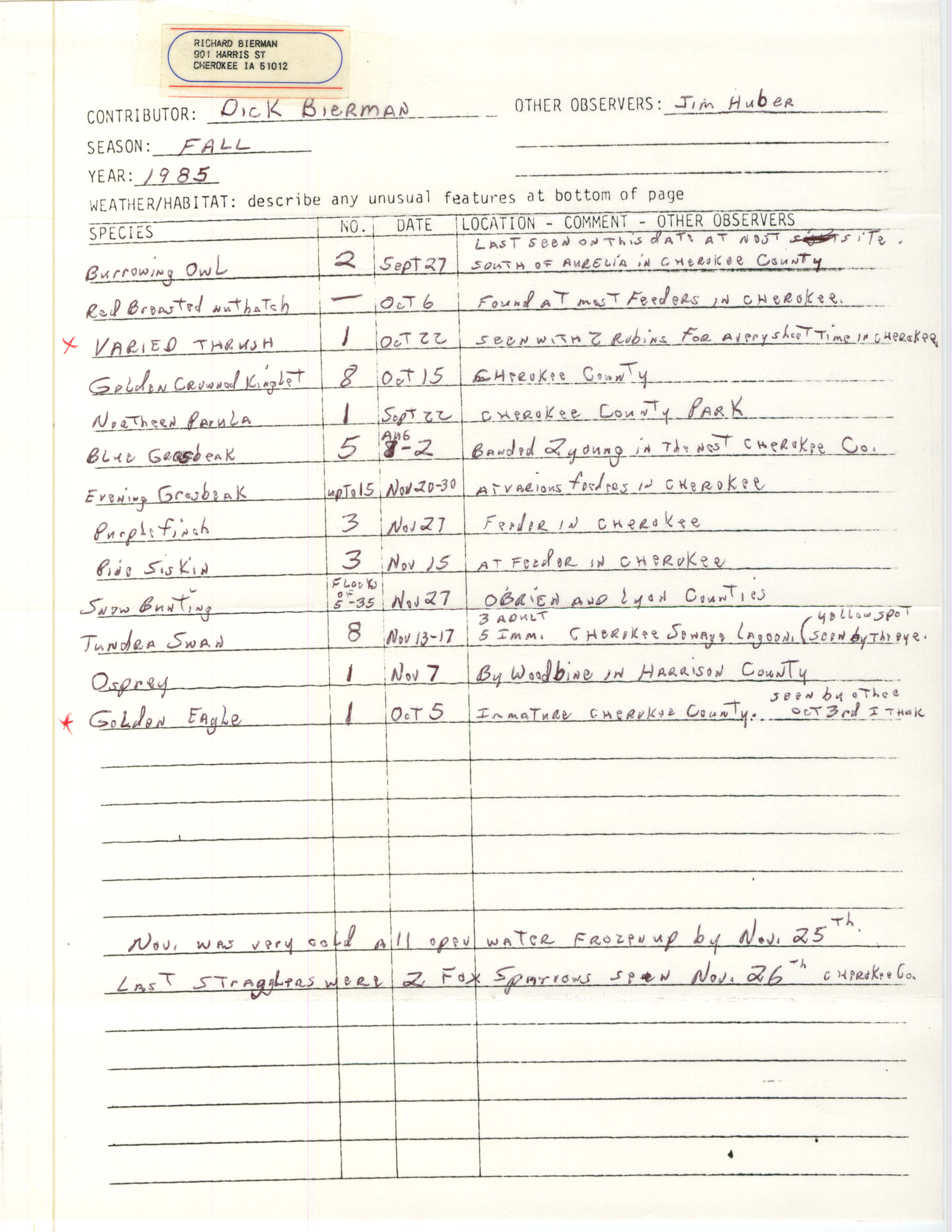 Annotated bird sighting list for Fall 1985 compiled by Dick Bierman