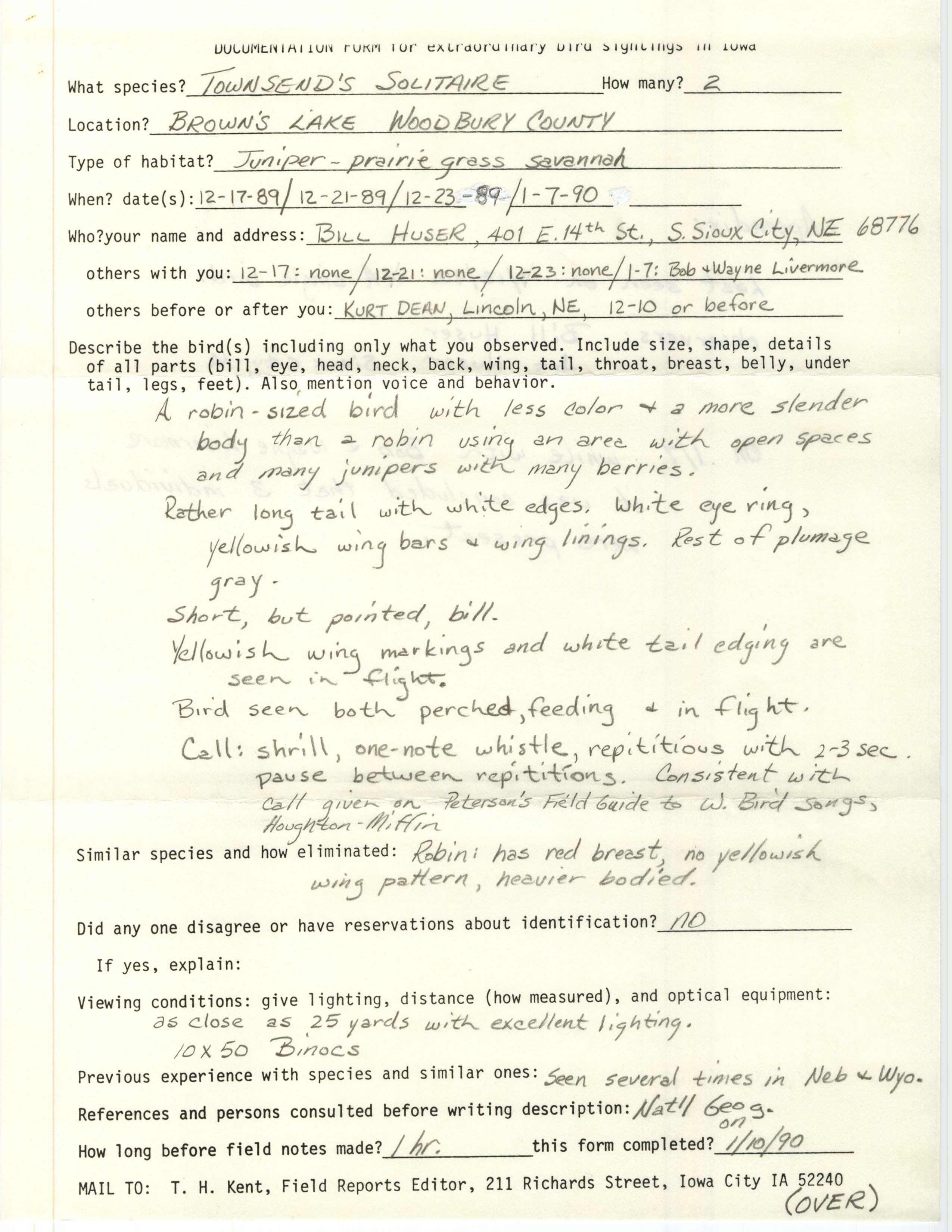 Rare bird documentation form for Townsend's Solitaire at Brown's Lake in Woodbury County in 1989 and 1990