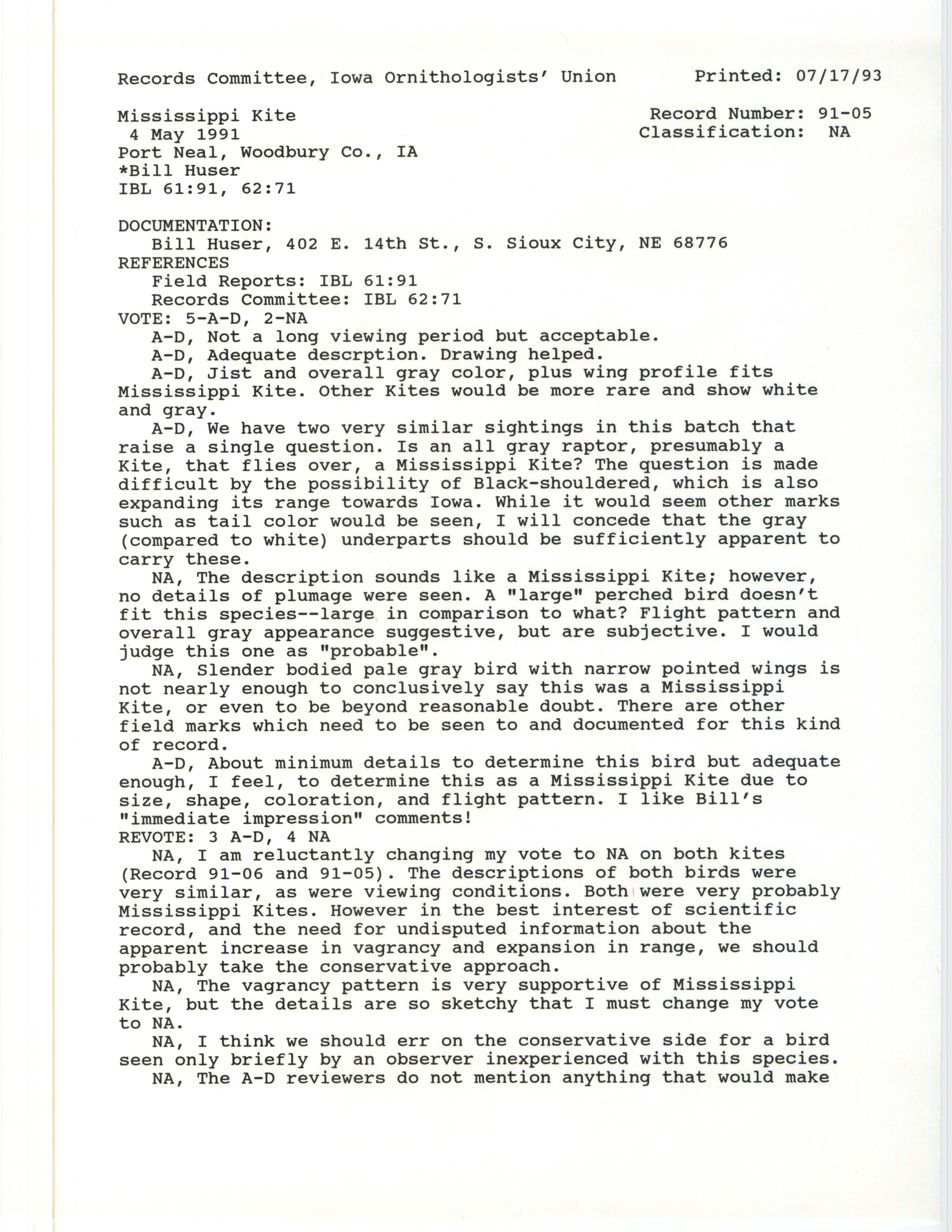 Records Committee review for rare bird sighting of Mississippi Kite at Port Neal, 1991