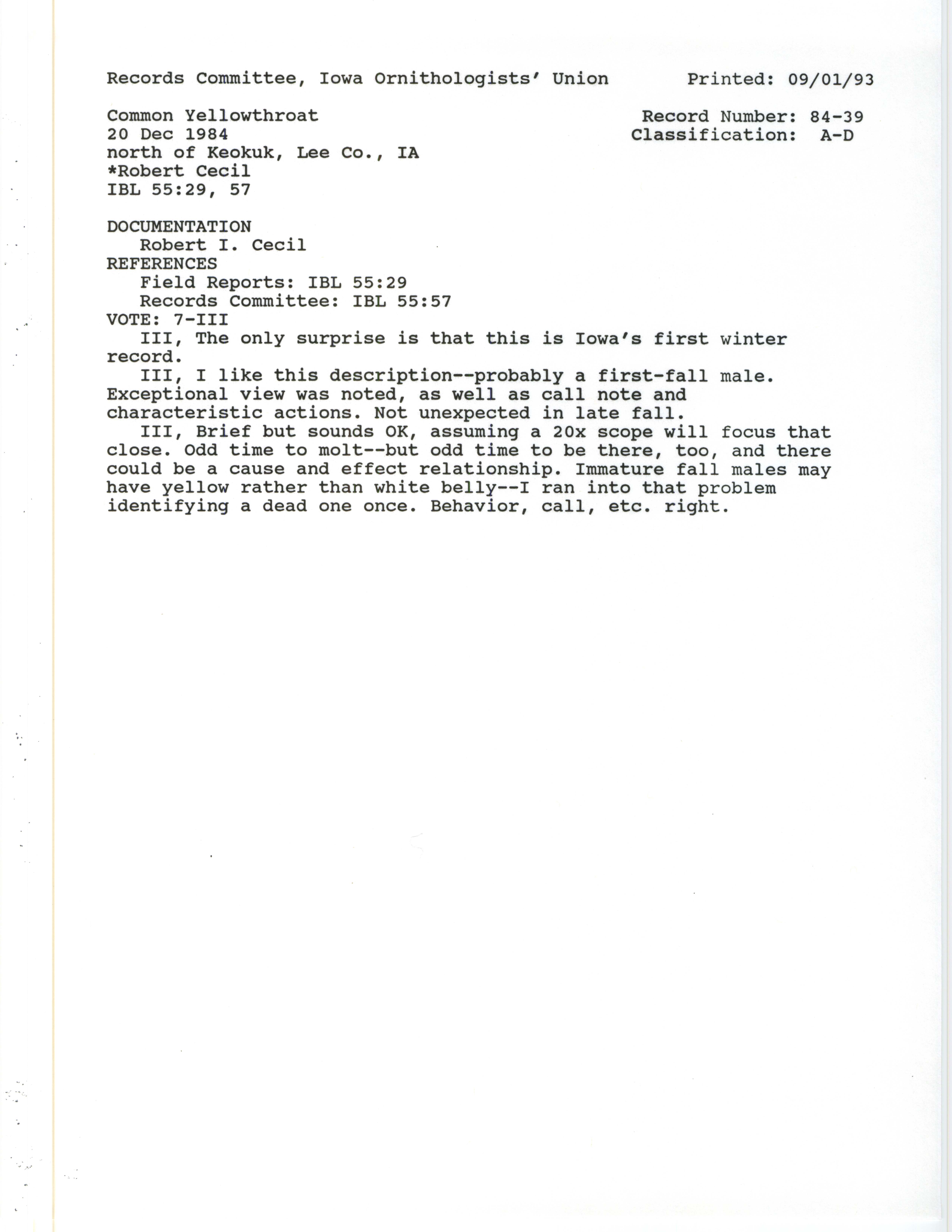Records Committee review for rare bird sighting for Common Yellowthroat north of Keokuk, 1984