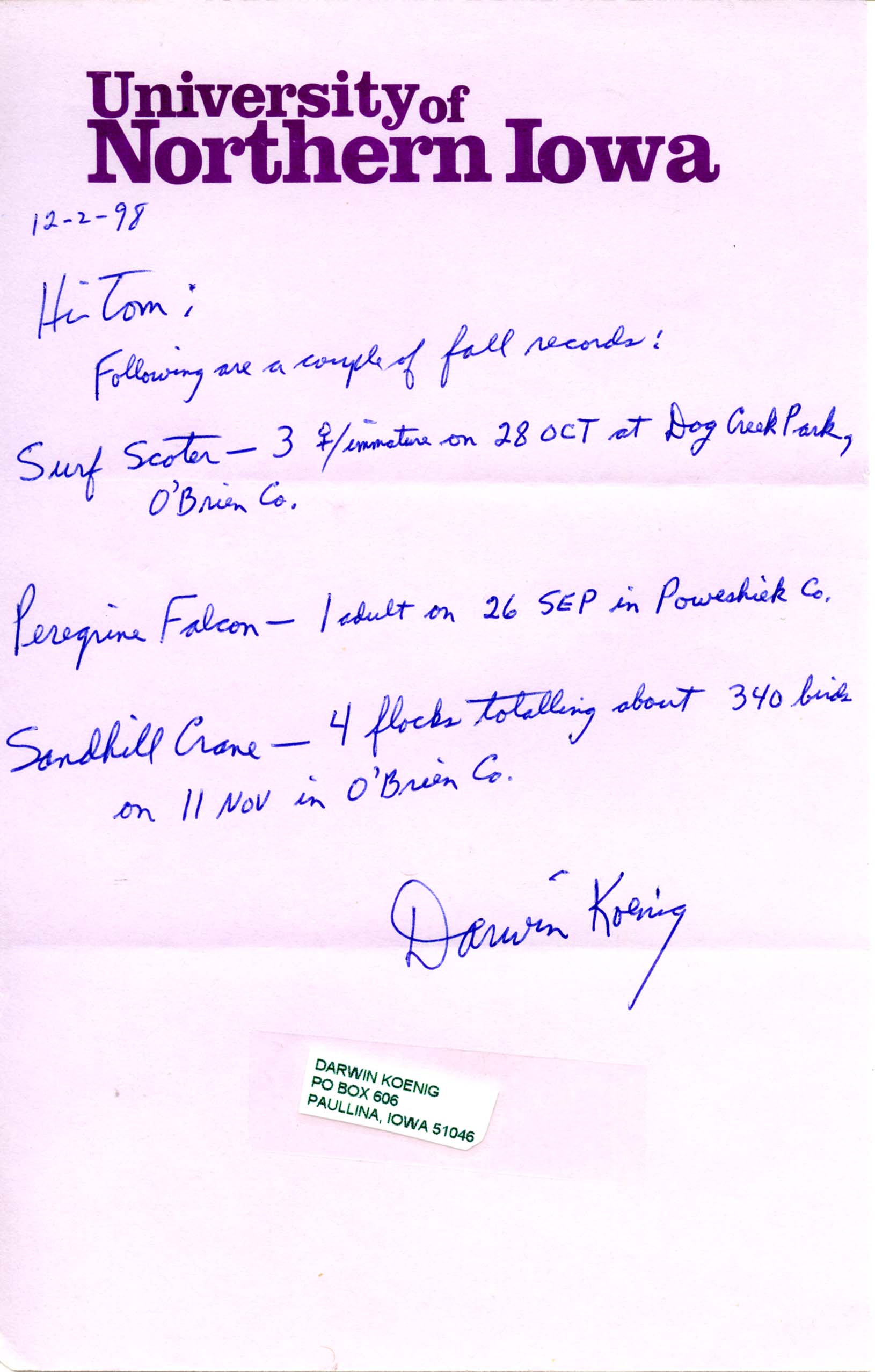 Darwin Koenig letter to Thomas H. Kent regarding fall bird sightings, December 2, 1998